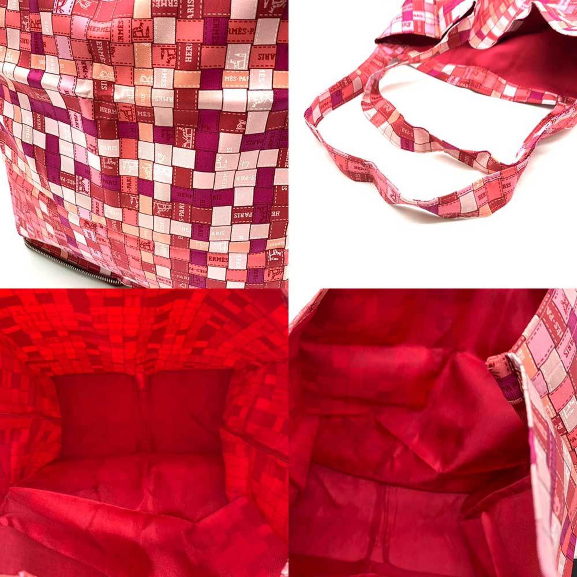Hermes Bag Silky Pop Borduc Check Ribbon Pink x Bordeaux Rouge Ash Moyenne Folding Eco Handbag Tote Ladies Silk Buffle Skipper HERMES