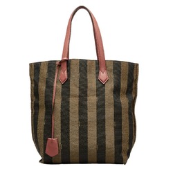 FENDI Striped Tote Bag Brown Canvas Leather Women's