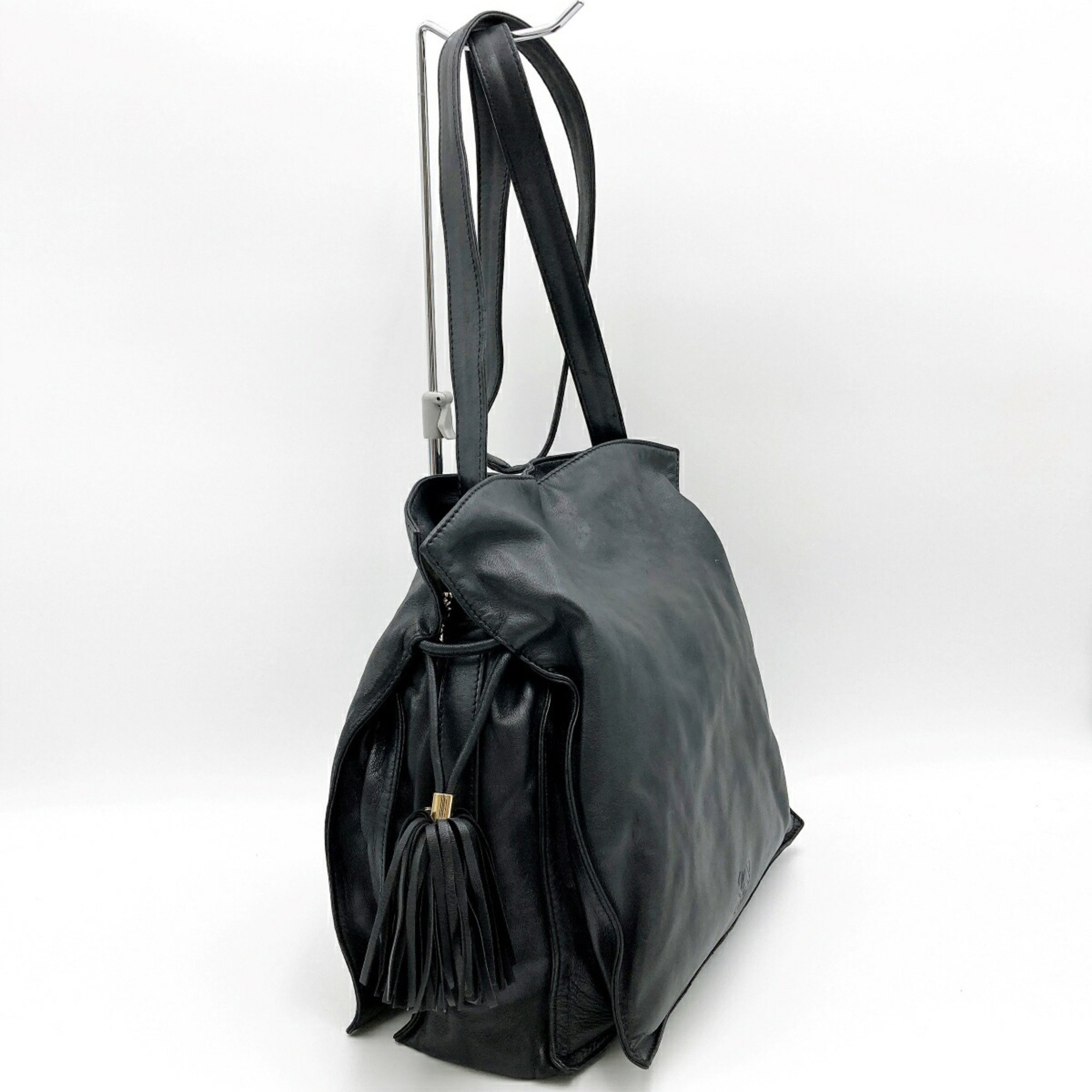 LOEWE Flamenco Shoulder Bag Crossbody Anagram Fringe Black Leather Women's Fashion
