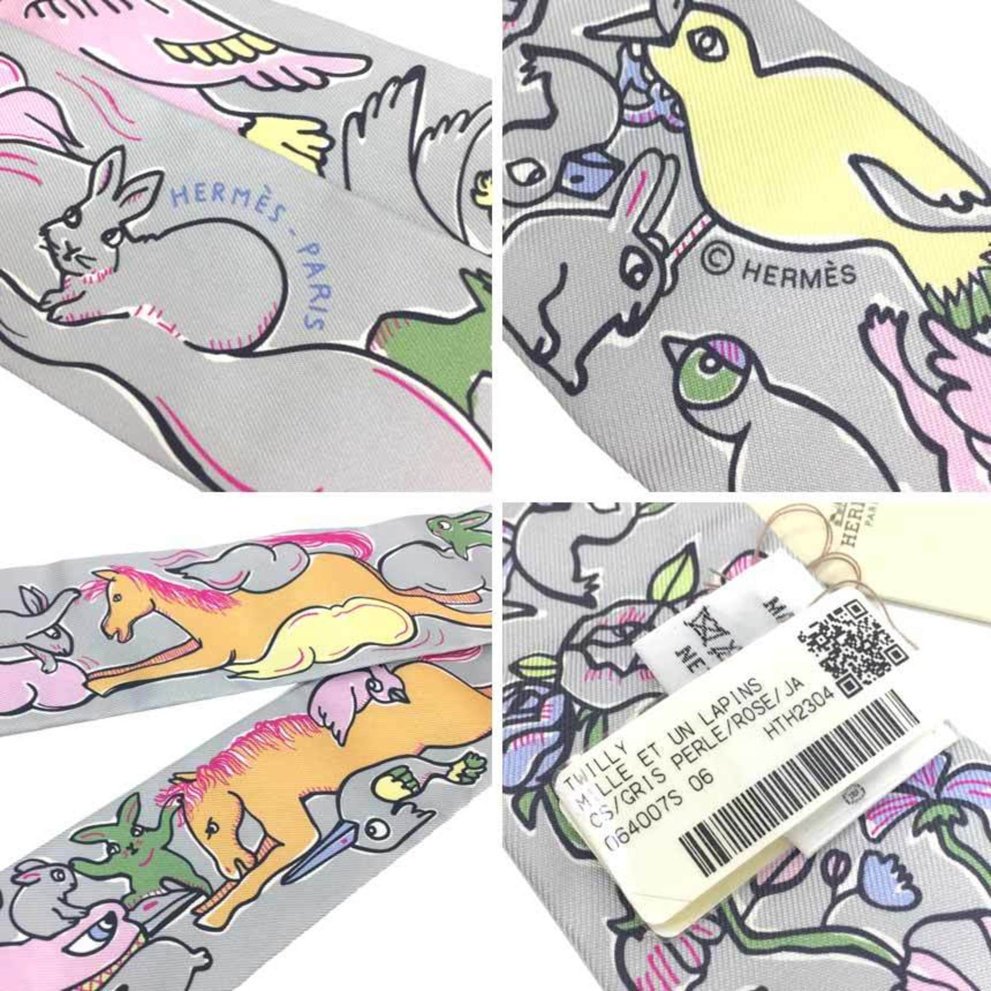HERMES Twilly Scarf Muffler Thousand and One Rabbit Mille et Un Lapins 2023 H064007S 06 Gris Perle / Pink Yellow 100% Silk Hermes