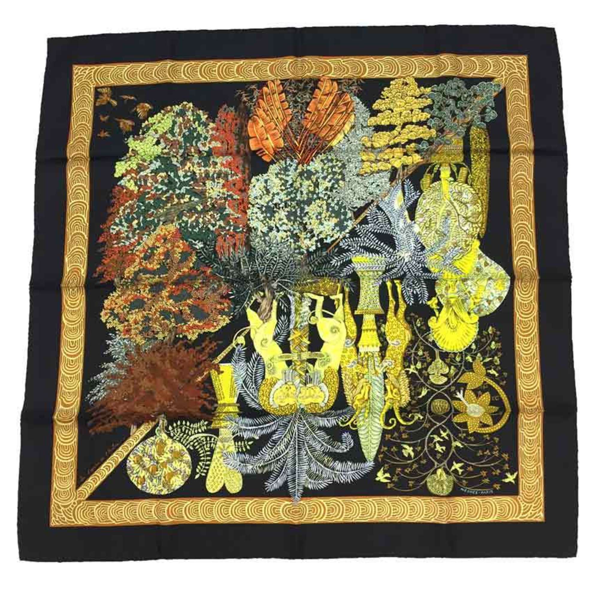 HERMES Scarf Muffler Carre 90 Les Legendes de l'Arbre Wood Legend Black 100% Silk Hermes