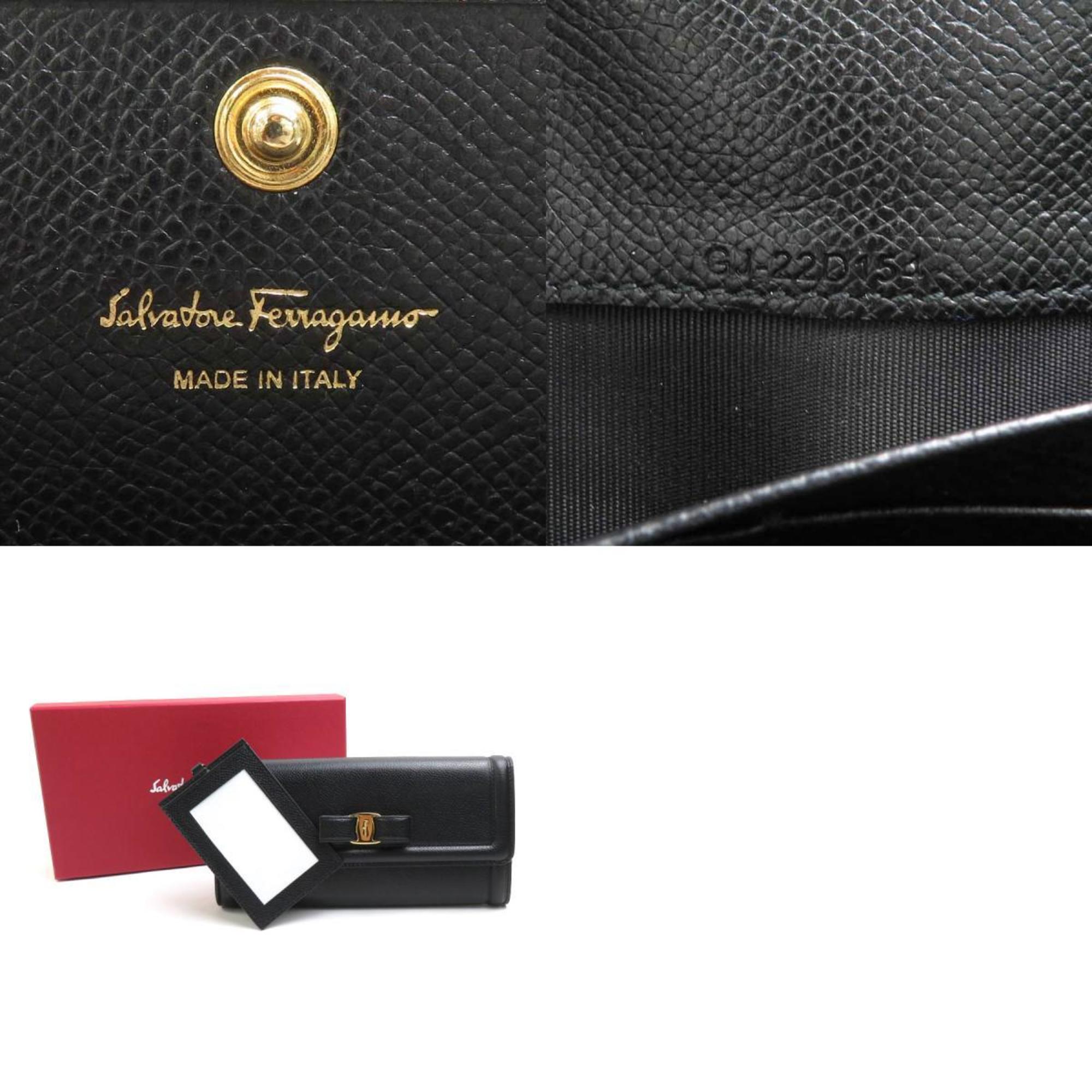 Salvatore Ferragamo Long Wallet Rose Ribbon Leather Black Gold Ladies
