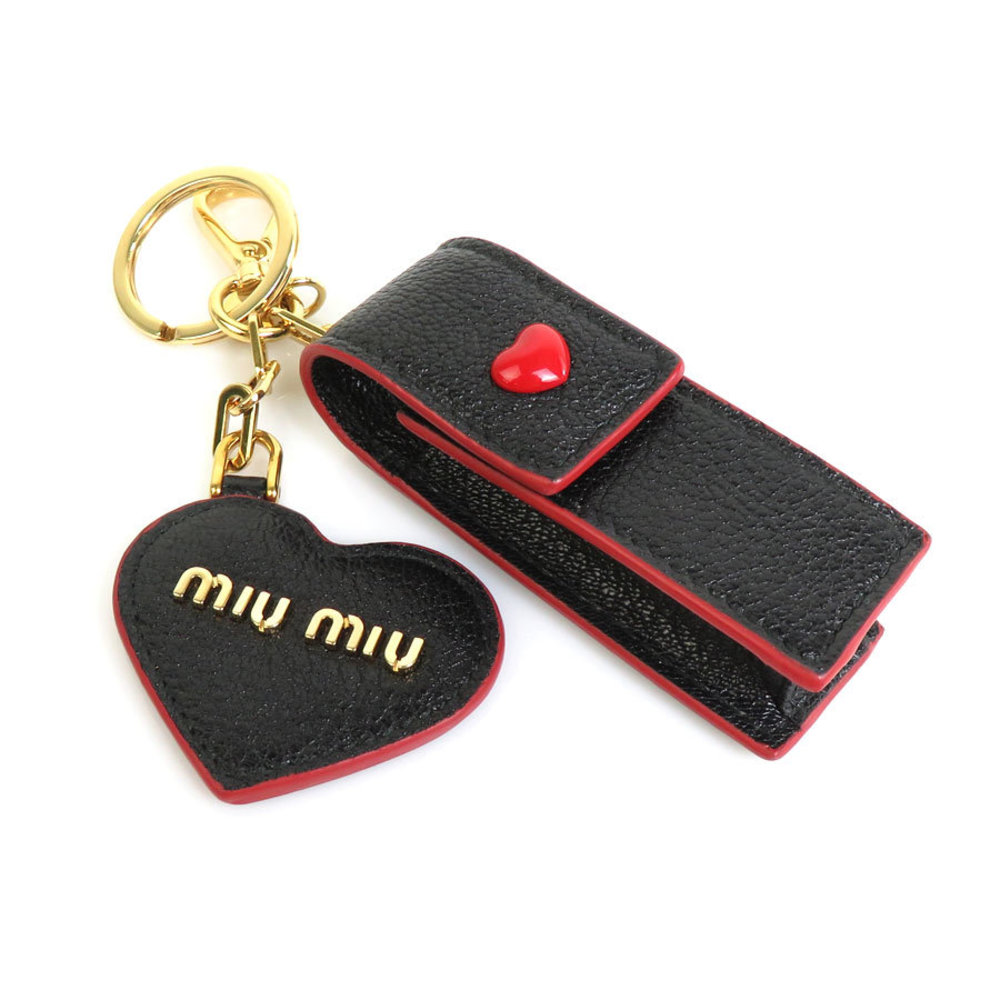 Miu MIUMIU Charm Lip Case Mirror Leather Black x Red Gold Ladies