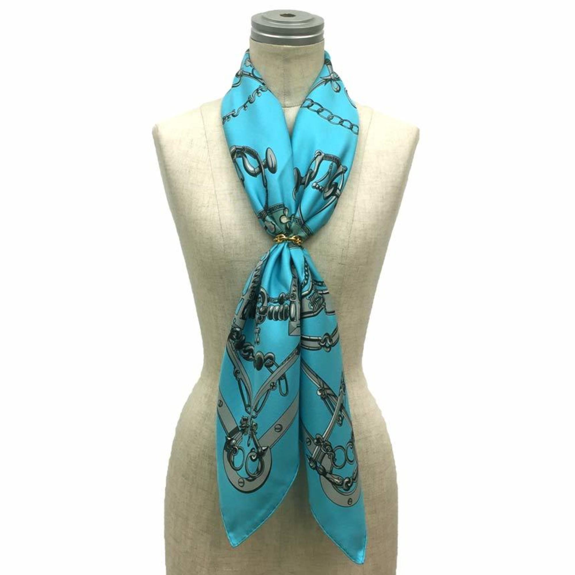 HERMES Scarf Muffler Carre 90 MORS ET GOURMETTES Bit and Chain 100% Silk Light Blue