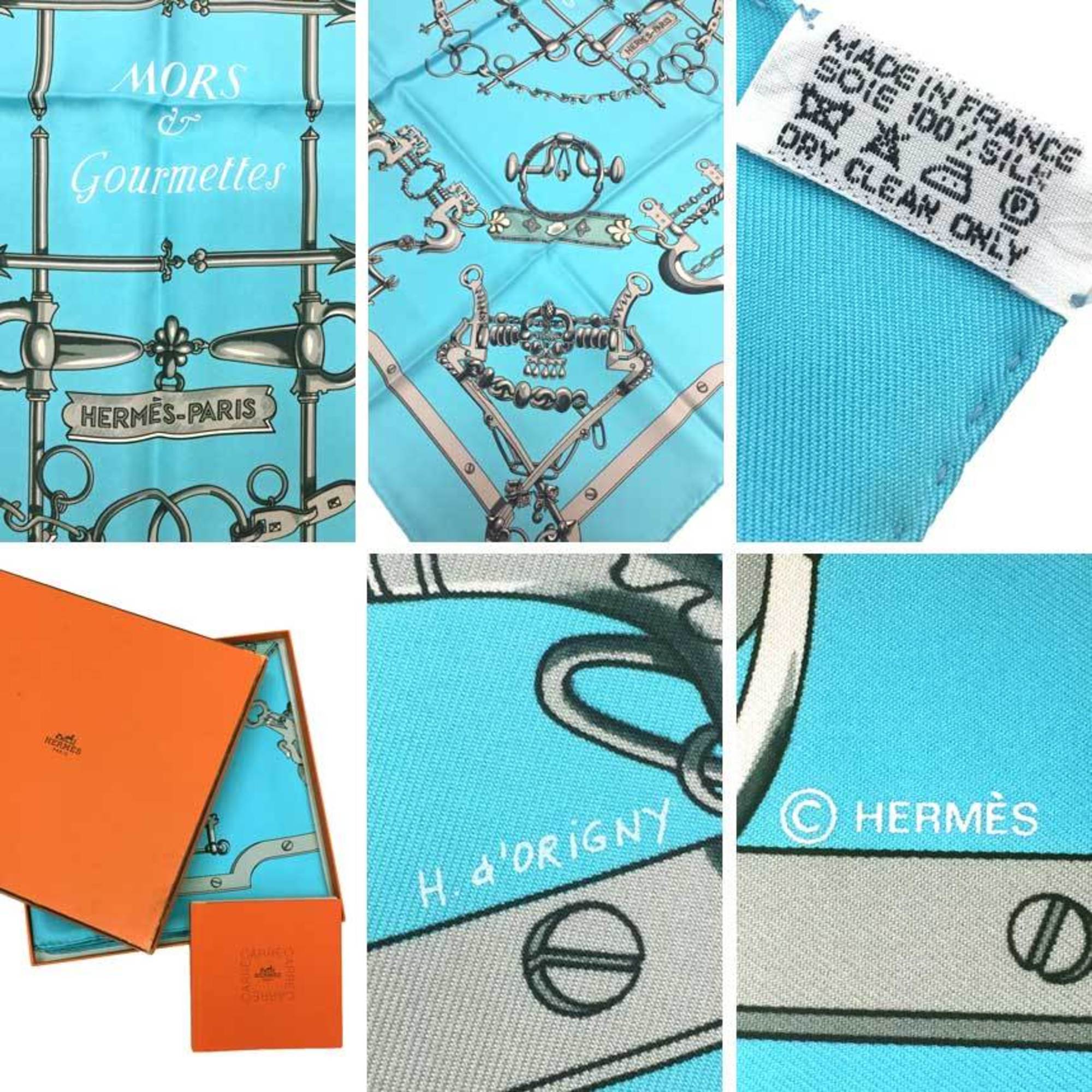 HERMES Scarf Muffler Carre 90 MORS ET GOURMETTES Bit and Chain 100% Silk Light Blue