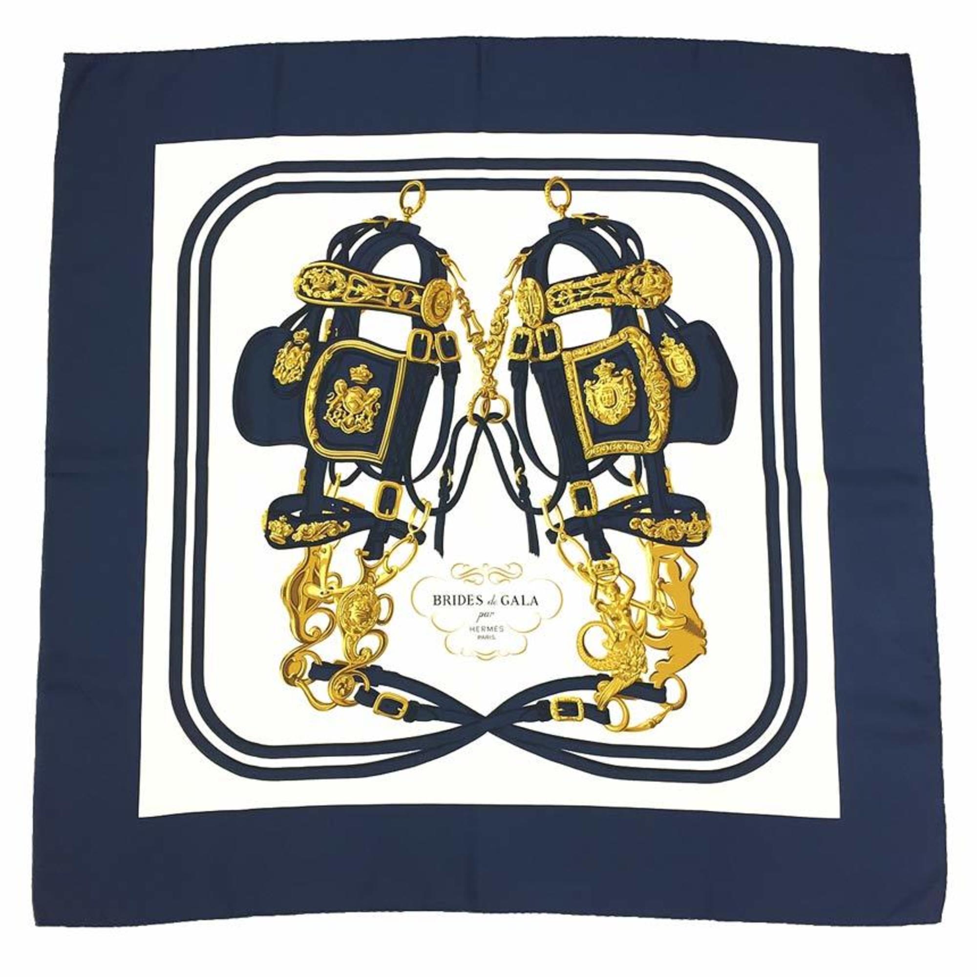 HERMES Scarf Muffler Carre 90 BRIDES de GALA (ceremonial bridle) Navy/White 100% Silk Hermes