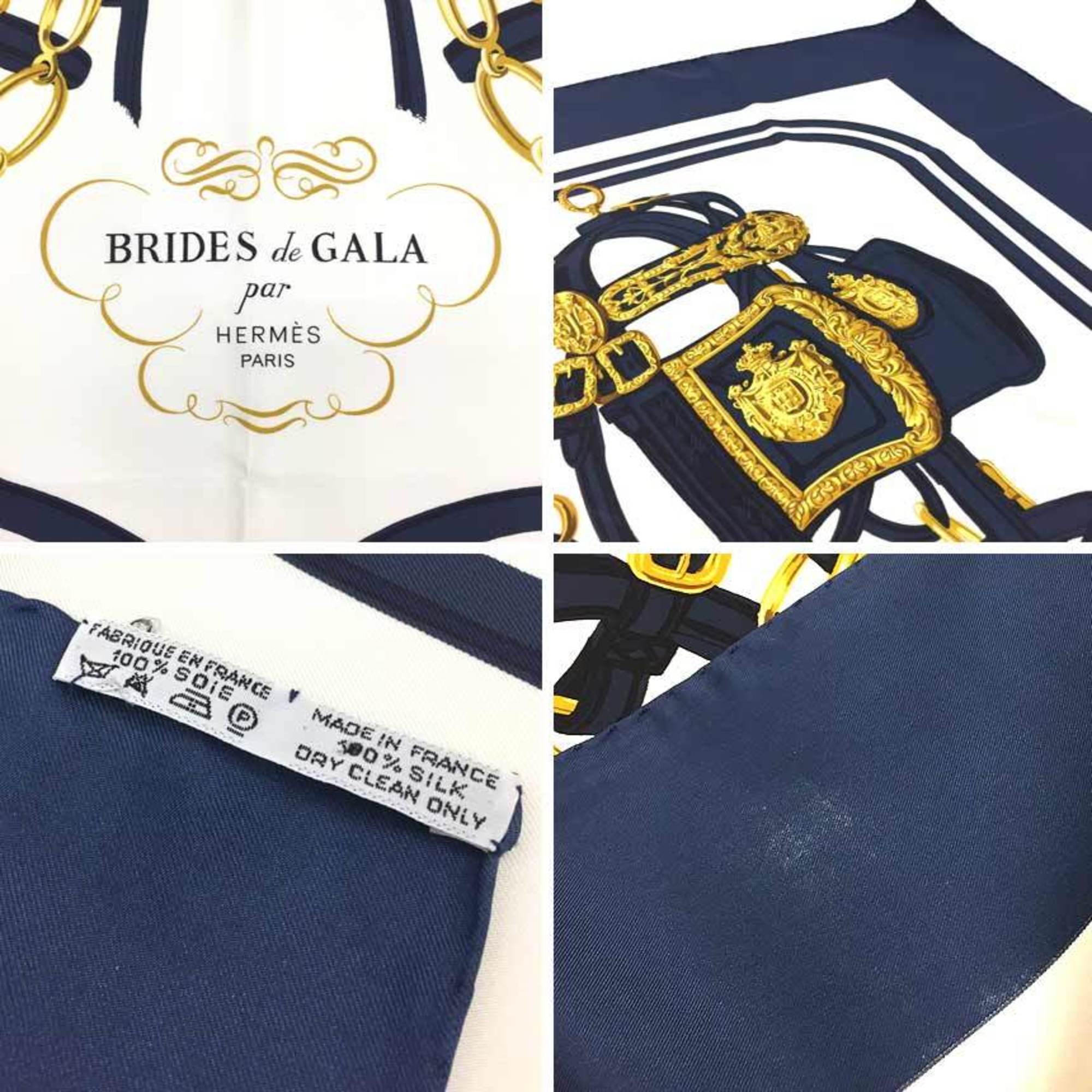 HERMES Scarf Muffler Carre 90 BRIDES de GALA (ceremonial bridle) Navy/White 100% Silk Hermes