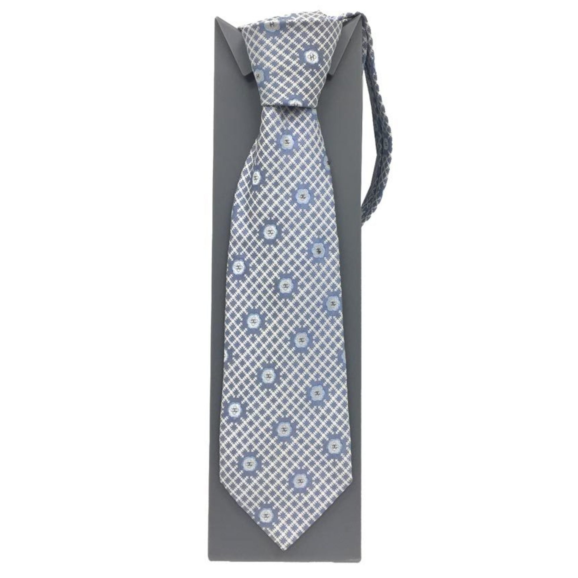 CHANEL Tie Camellia Blue Silver 100% Silk Men's