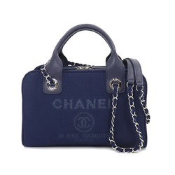 CHANEL Deauville Bowling 2way Hand Chain Shoulder Bag Canvas Leather Navy A92749