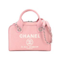 CHANEL Deauville Bowling 2way Hand Chain Shoulder Bag Canvas Leather Pink A92749