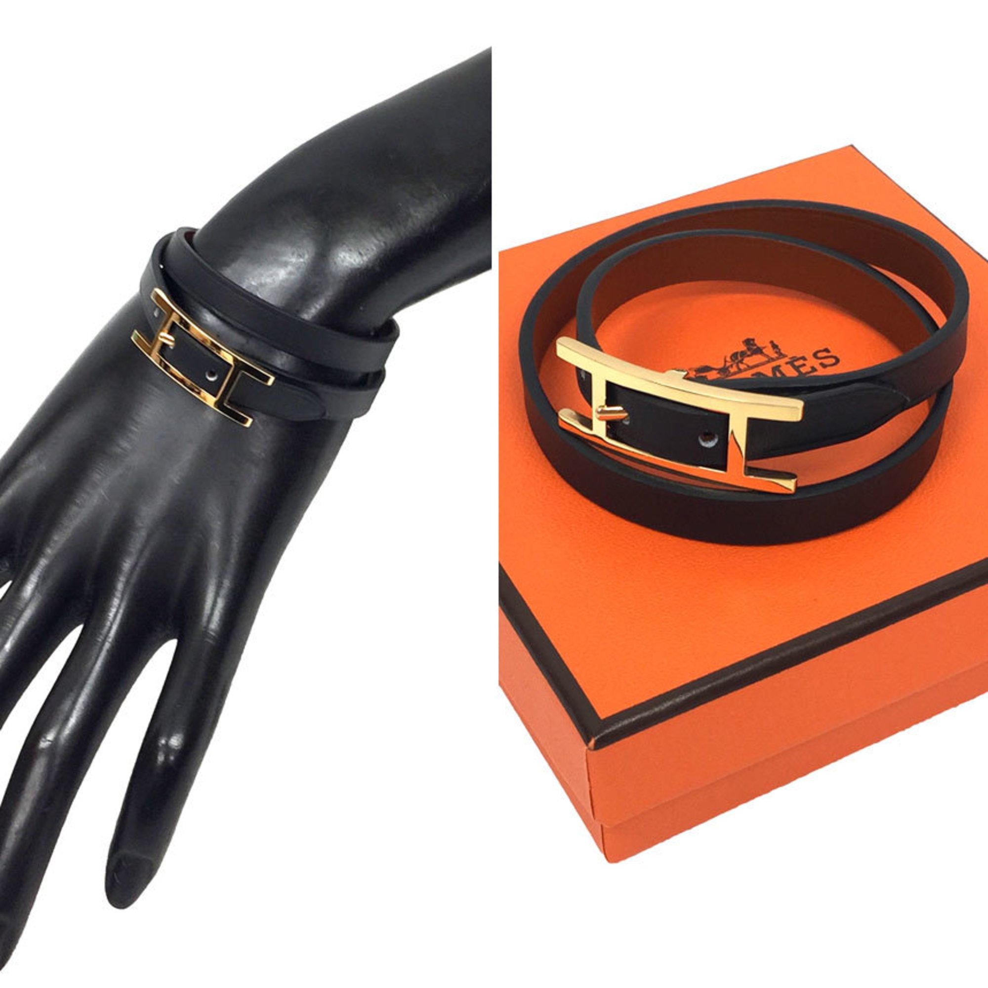 Hermes HERMES Leather Bracelet Behapi Double Tour T2 Vaux Swift Black Gold (Brown) Pink Women's