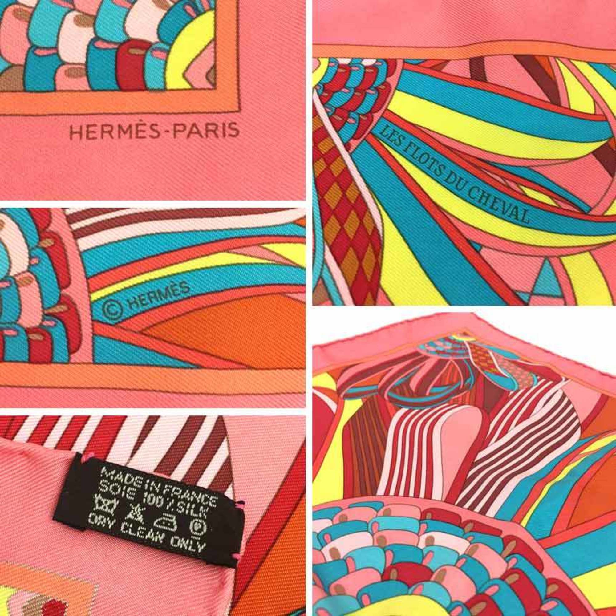 HERMES Hermes Carre 45 Scarf Muffler LES RUBANS DU CHEVAL Detail Horse Ribbon Pink 100% Silk