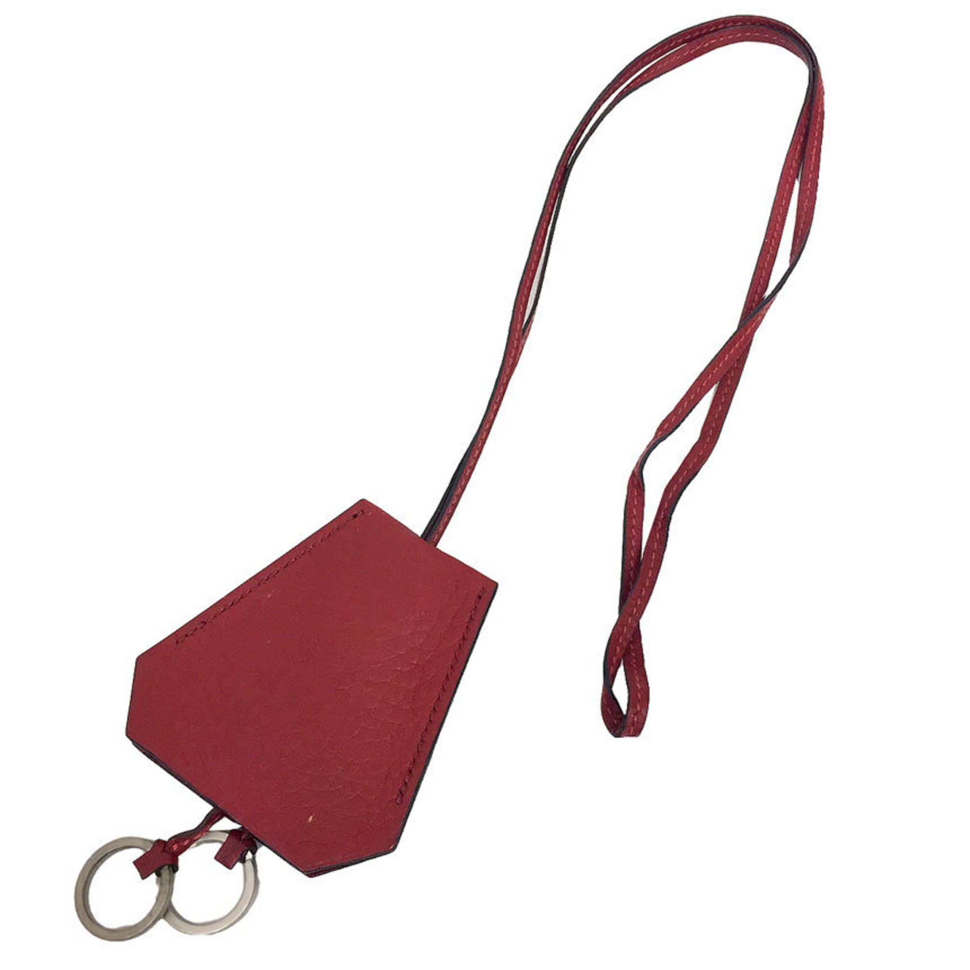 HERMES Leather Crochette Necklace Keybell Keyring Keychain Charm □D Engraved Red Hermes