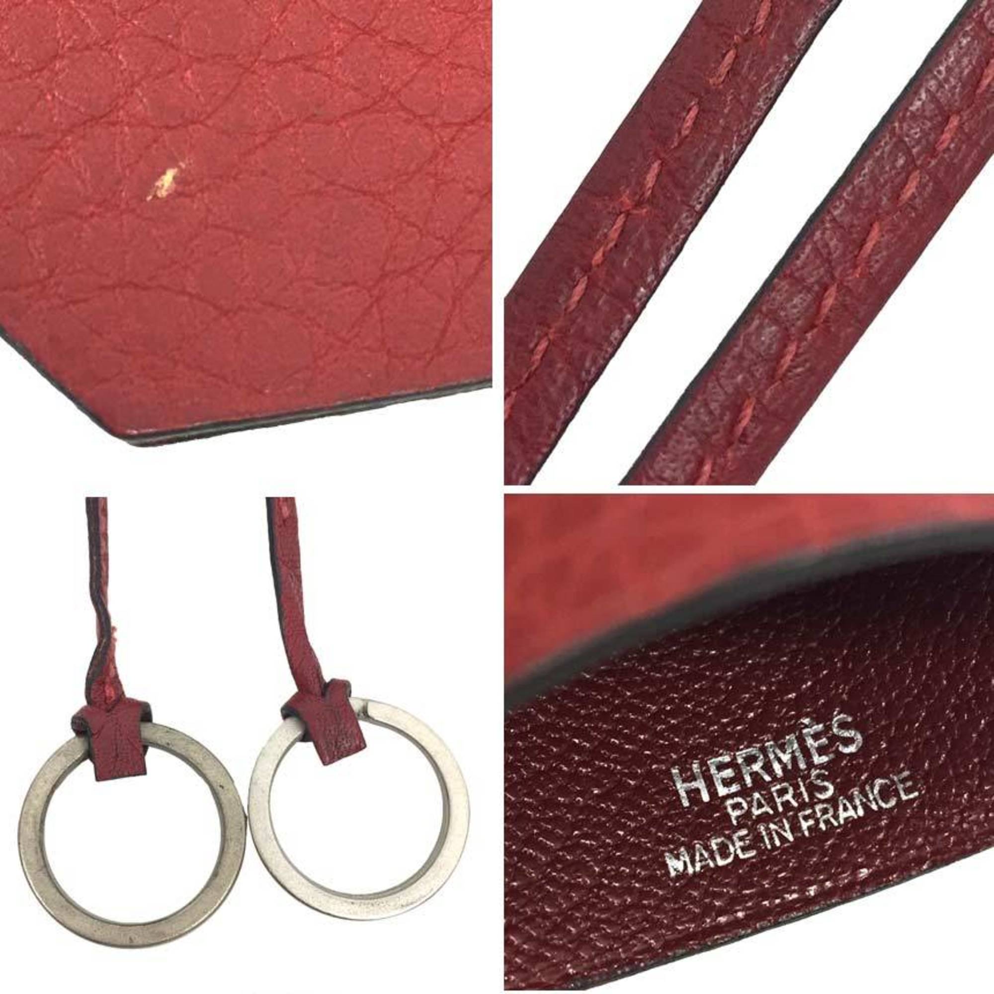 HERMES Leather Crochette Necklace Keybell Keyring Keychain Charm □D Engraved Red Hermes
