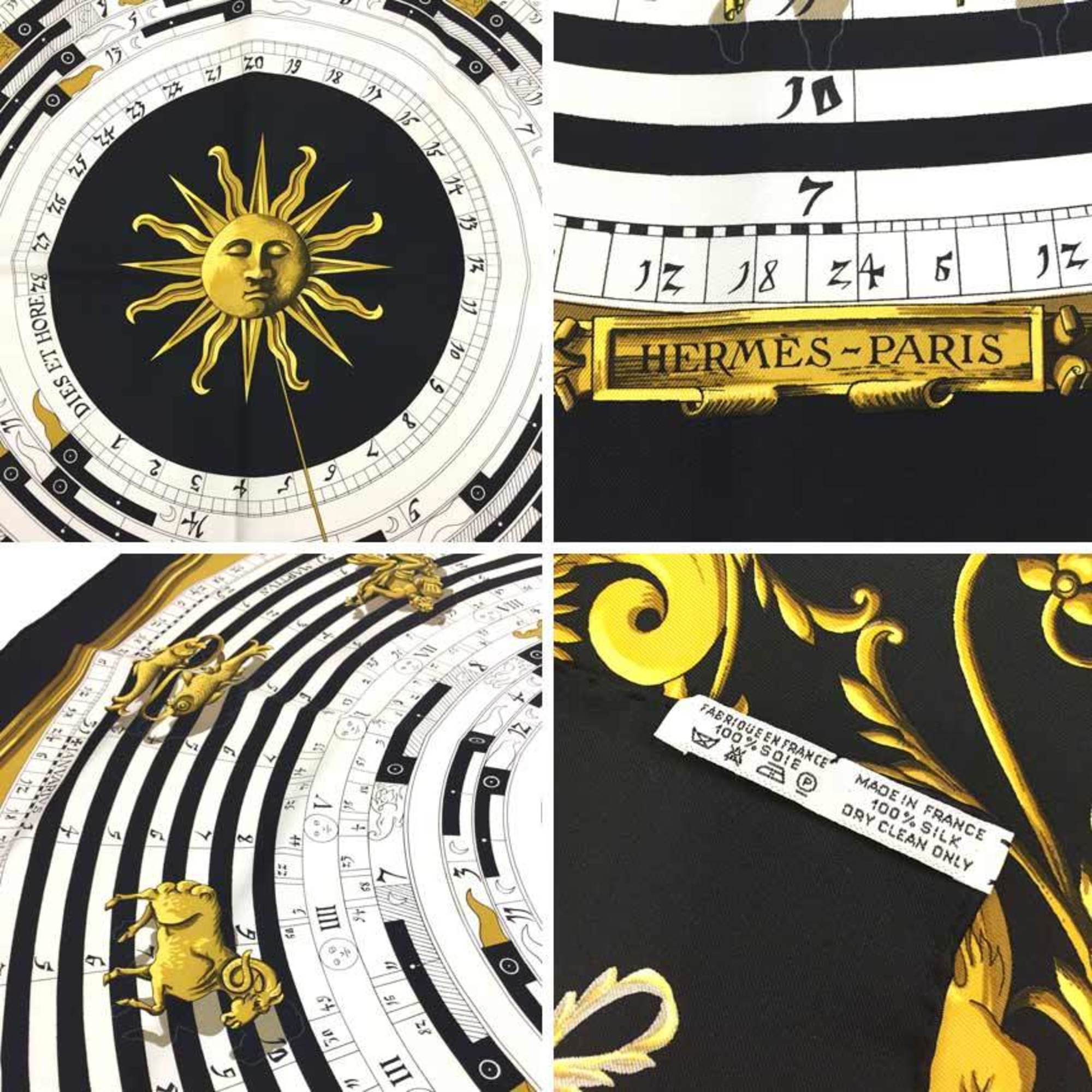 HERMES Scarf Muffler Kare90 DIES ET HORE Astrology Constellation Pattern Horoscope Black/White/Yellow 100% Silk Hermes