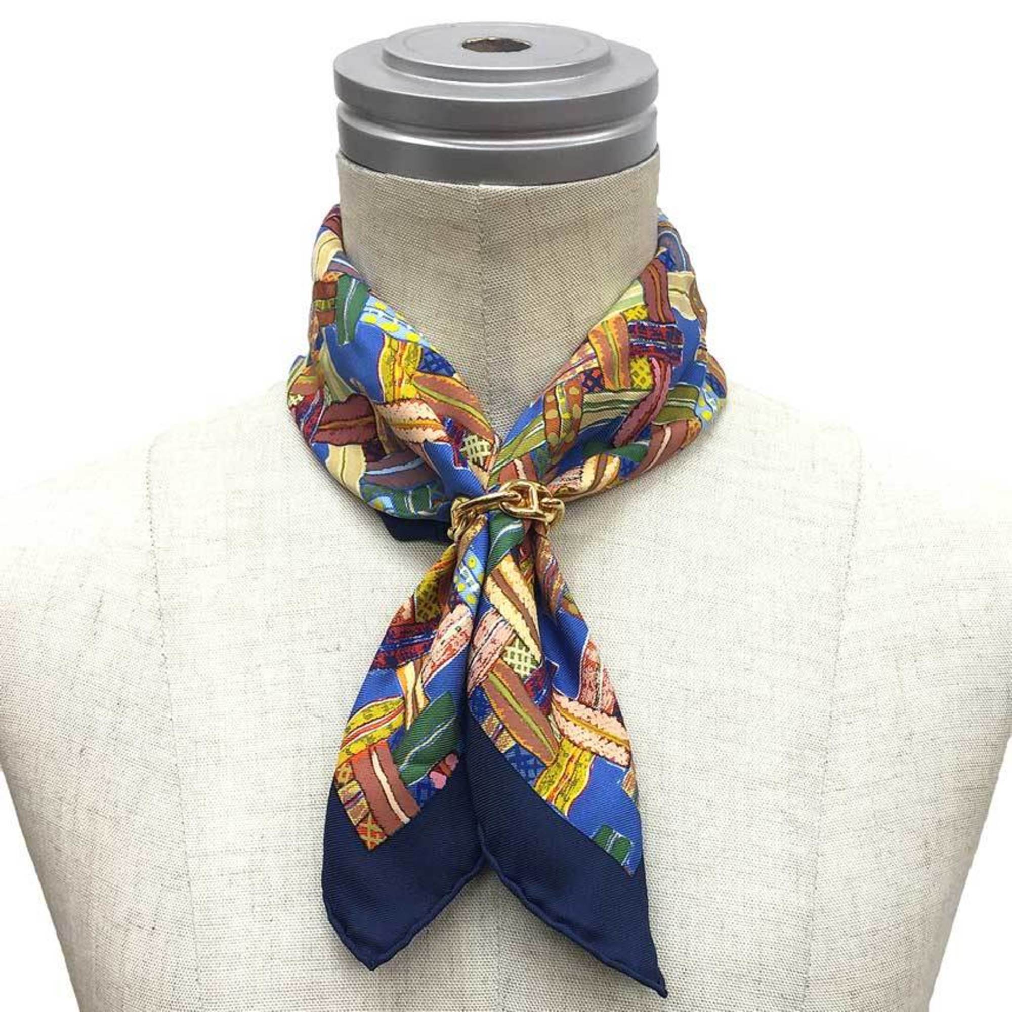 HERMES Pocket Square Scarf Muffler Carre 45 100% Silk Navy Multicolor Neckerchief Bandana Men's Hermes