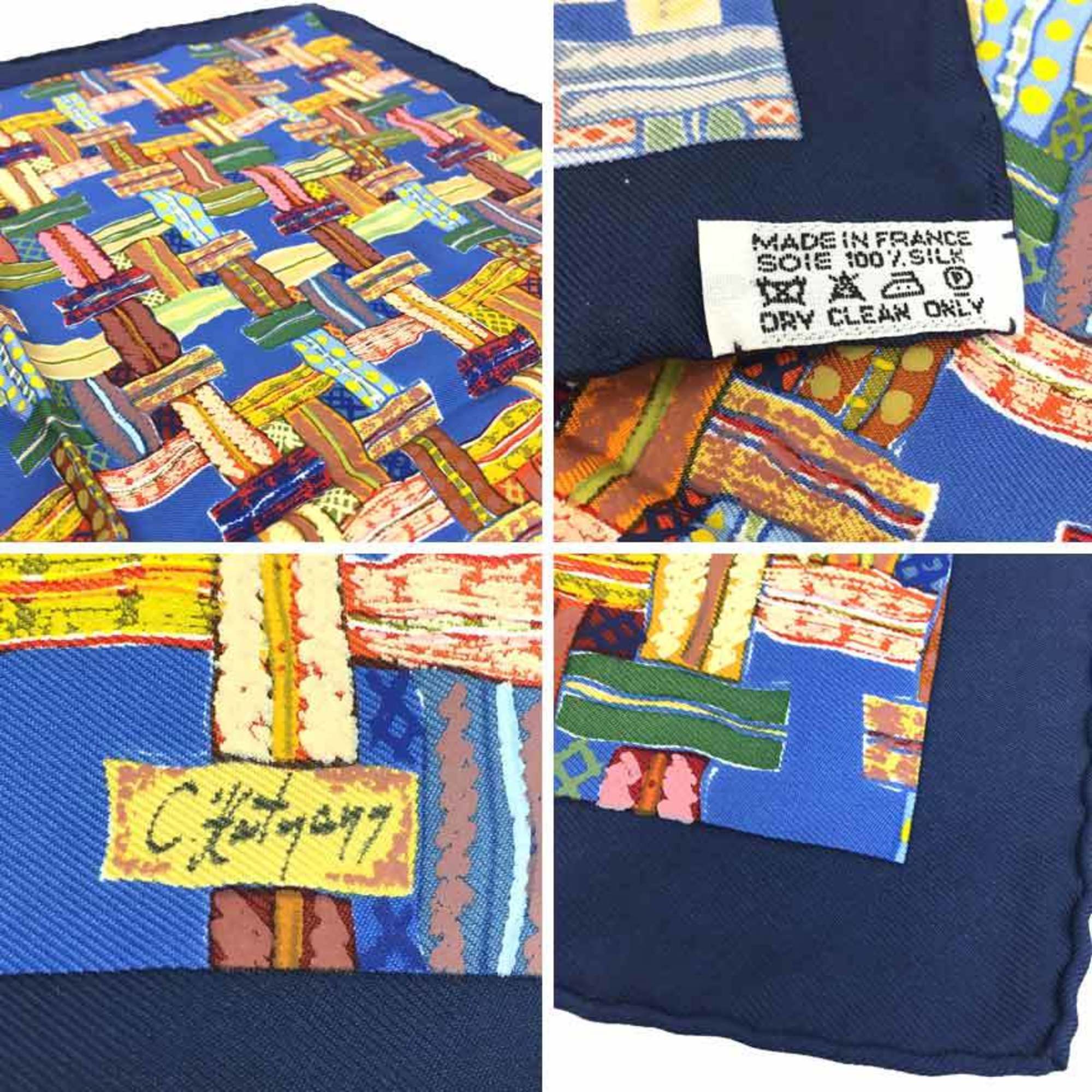 HERMES Pocket Square Scarf Muffler Carre 45 100% Silk Navy Multicolor Neckerchief Bandana Men's Hermes