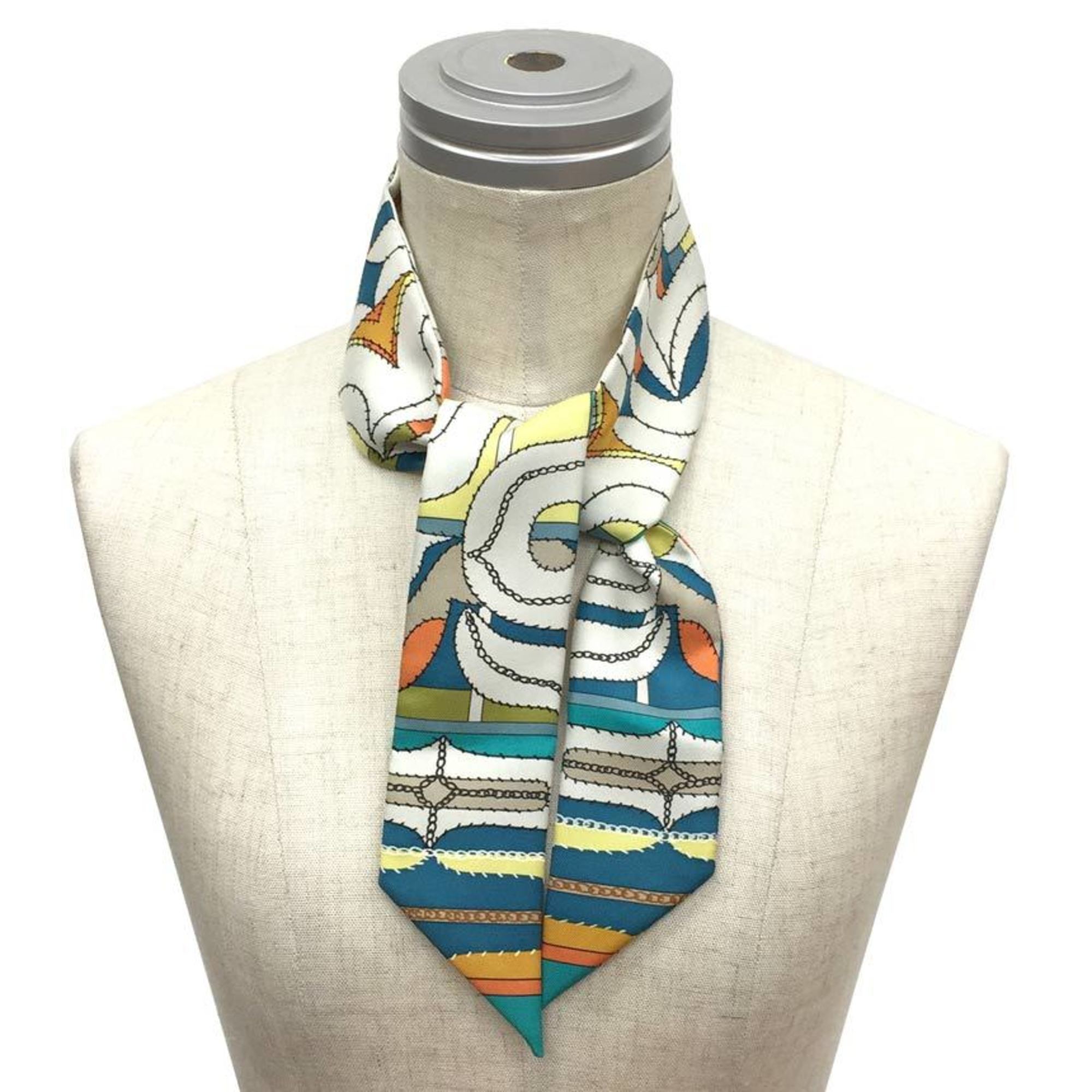 HERMES Twilly Scarf Muffler White x Orange Blue 100% Silk Hermes