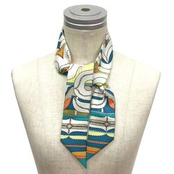 HERMES Twilly Scarf Muffler White x Orange Blue 100% Silk Hermes