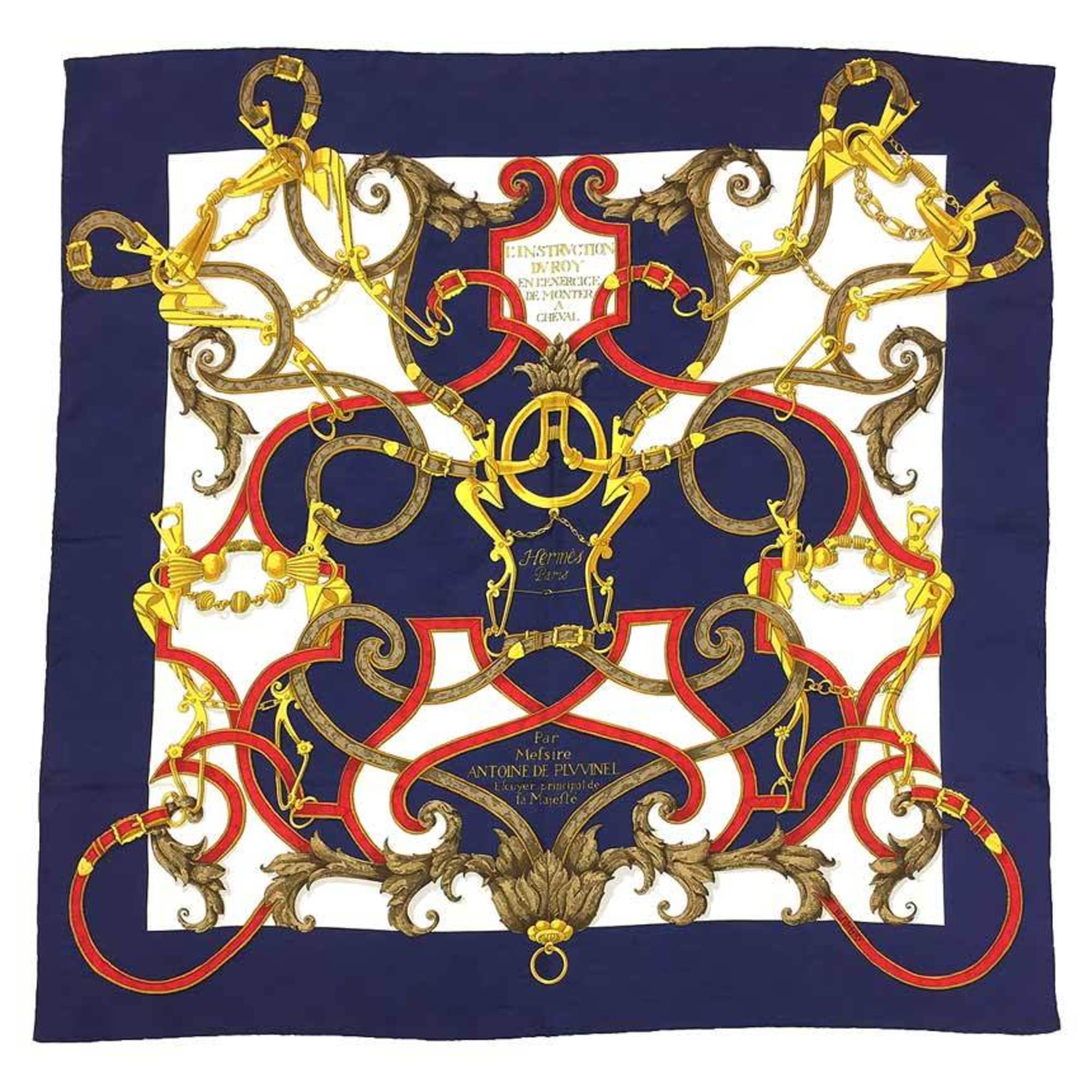 HERMES Scarf Muffler Carre 90 L'INSTRVCTION DV ROY Imperial Studies 100% Silk Navy/White/Red Hermes