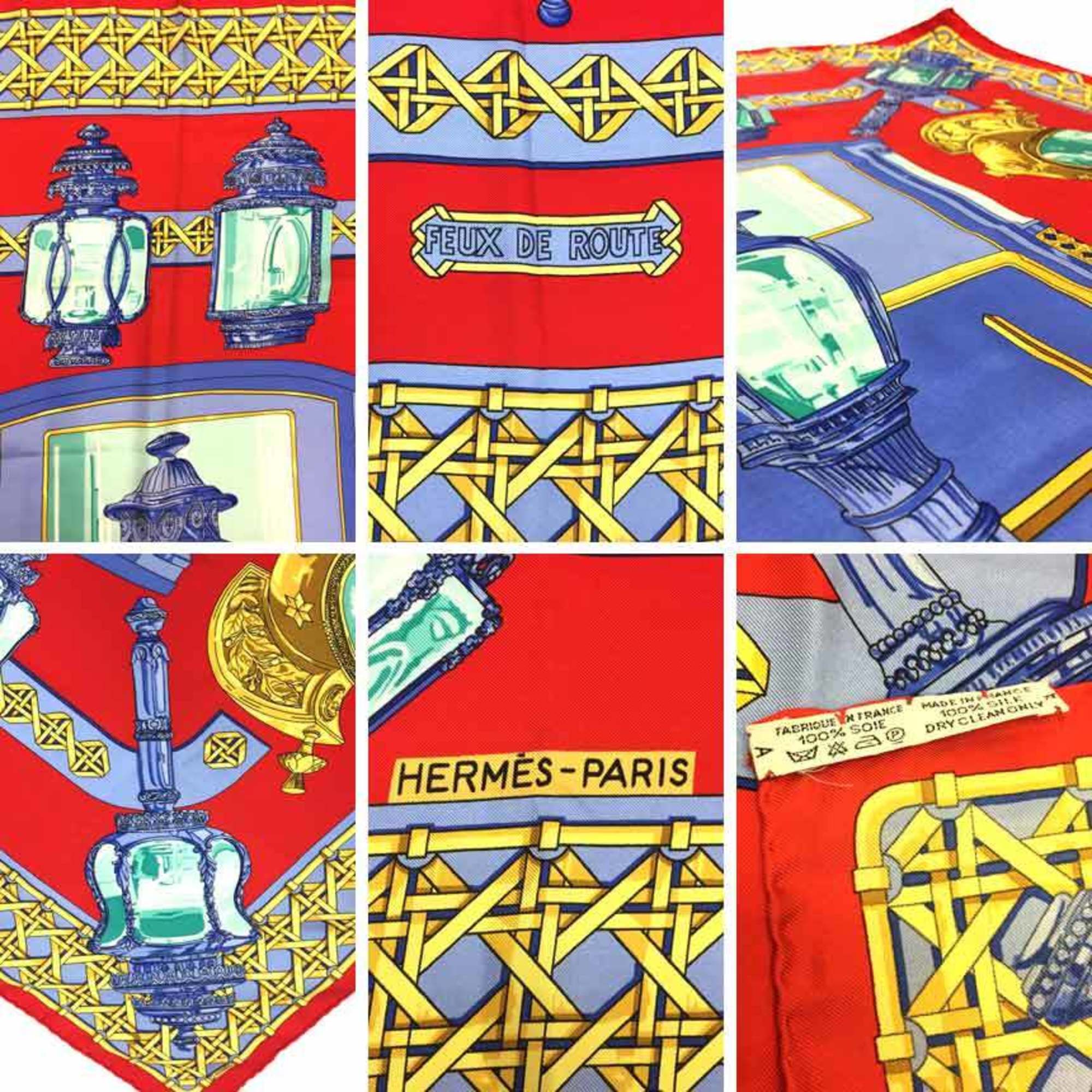 HERMES Scarf Muffler Carre 90 FEUX DE ROUTE Carriage Lantern Red 100% Silk Hermes