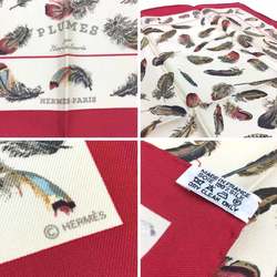 HERMES Scarf Muffler Carre 45 LES PLUMES Feather Silk Beige x Red Hermes