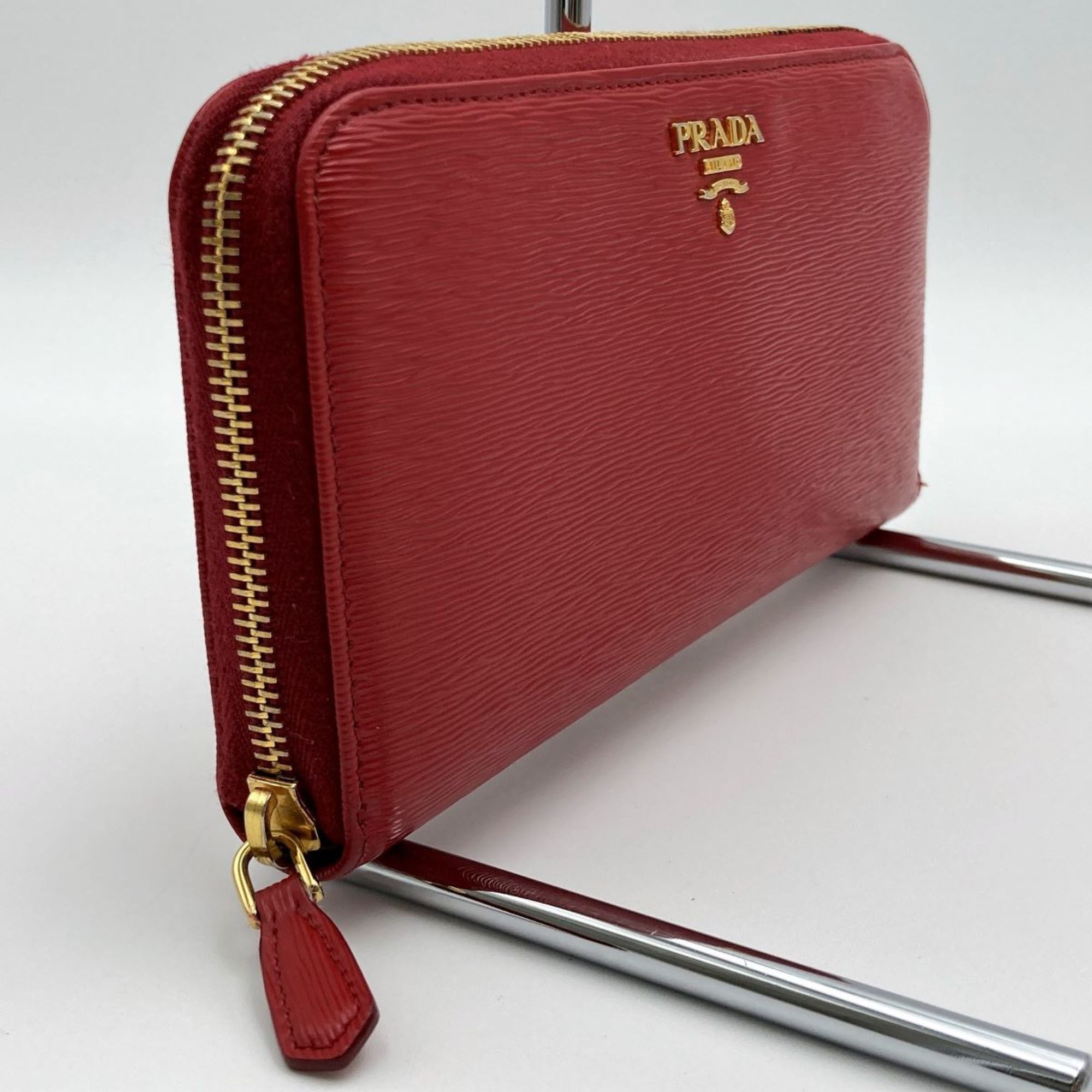 PRADA Long Wallet Round Zipper Red Leather Ladies Men's Fashion 1ML506