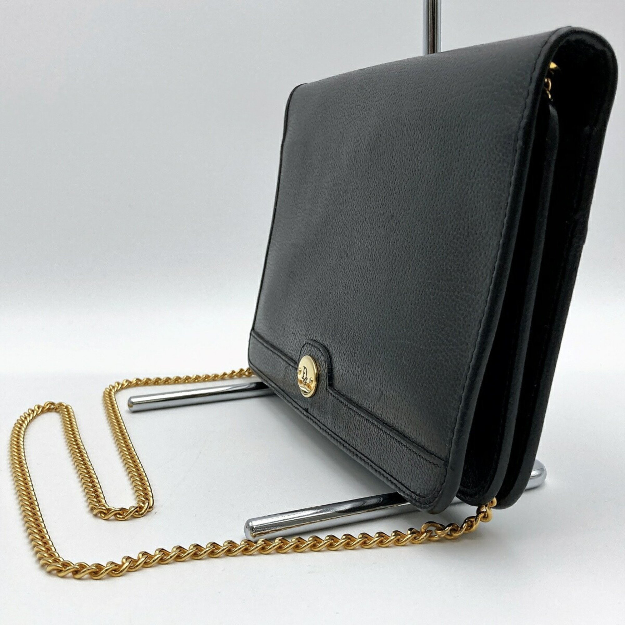 Christian Dior Shoulder Bag Chain Crossbody Black Leather Women's
