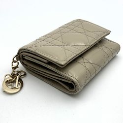 Christian Dior Lotus Wallet Trifold Lady Cannage Stitch Beige Patent Leather Women's Fashion