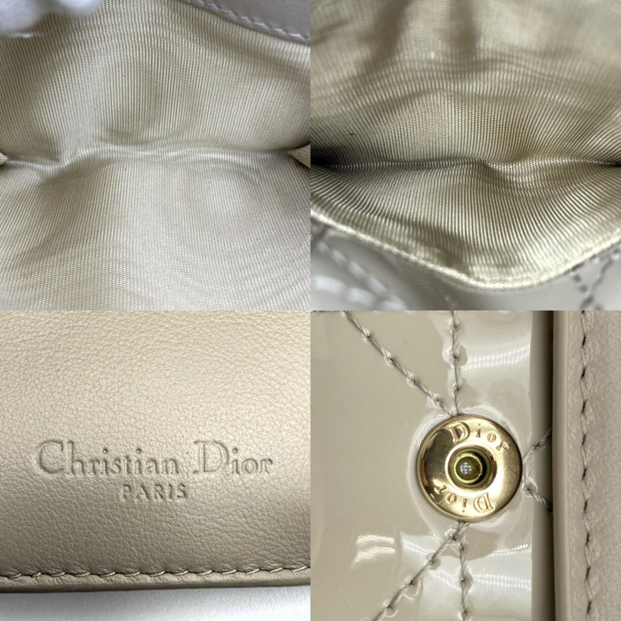 Christian Dior Lotus Wallet Trifold Lady Cannage Stitch Beige Patent Leather Women's Fashion