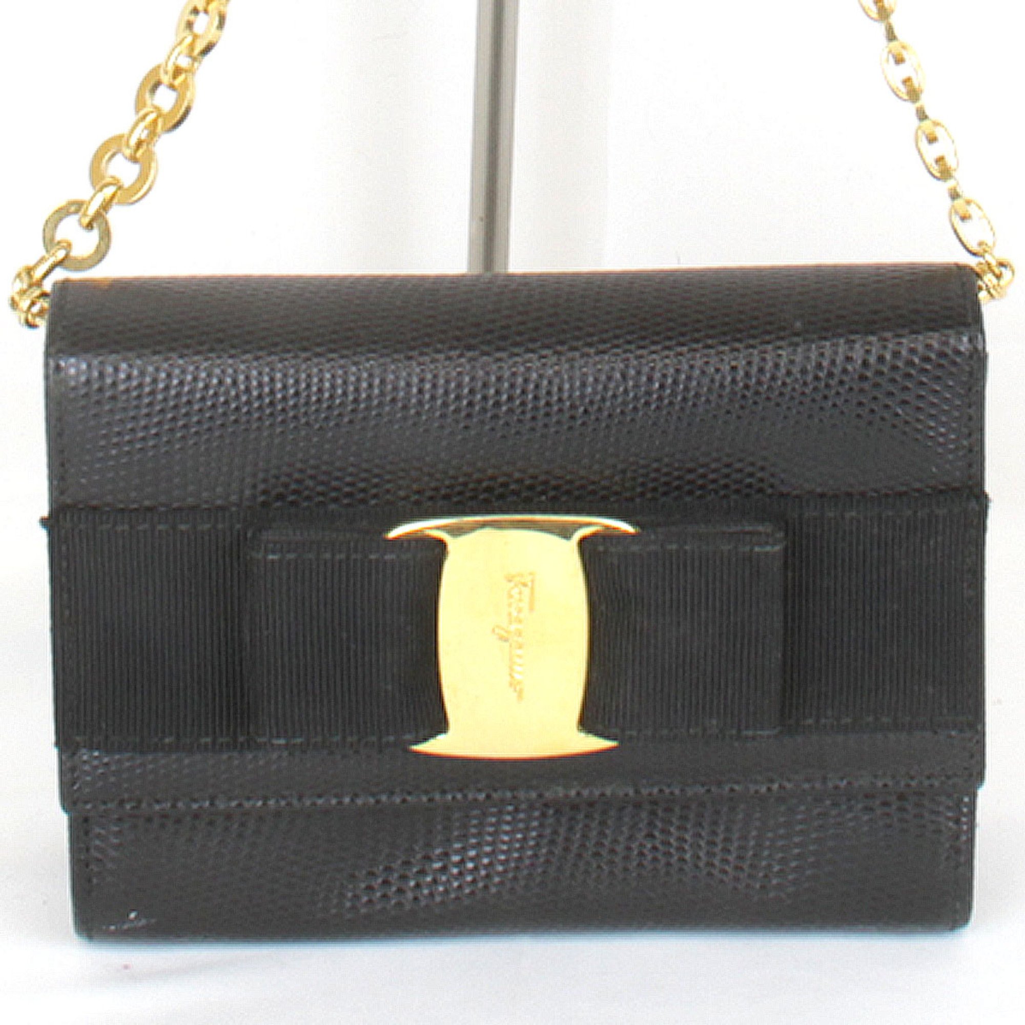 Salvatore Ferragamo Vara Chain Shoulder Bag Leather Black Women's