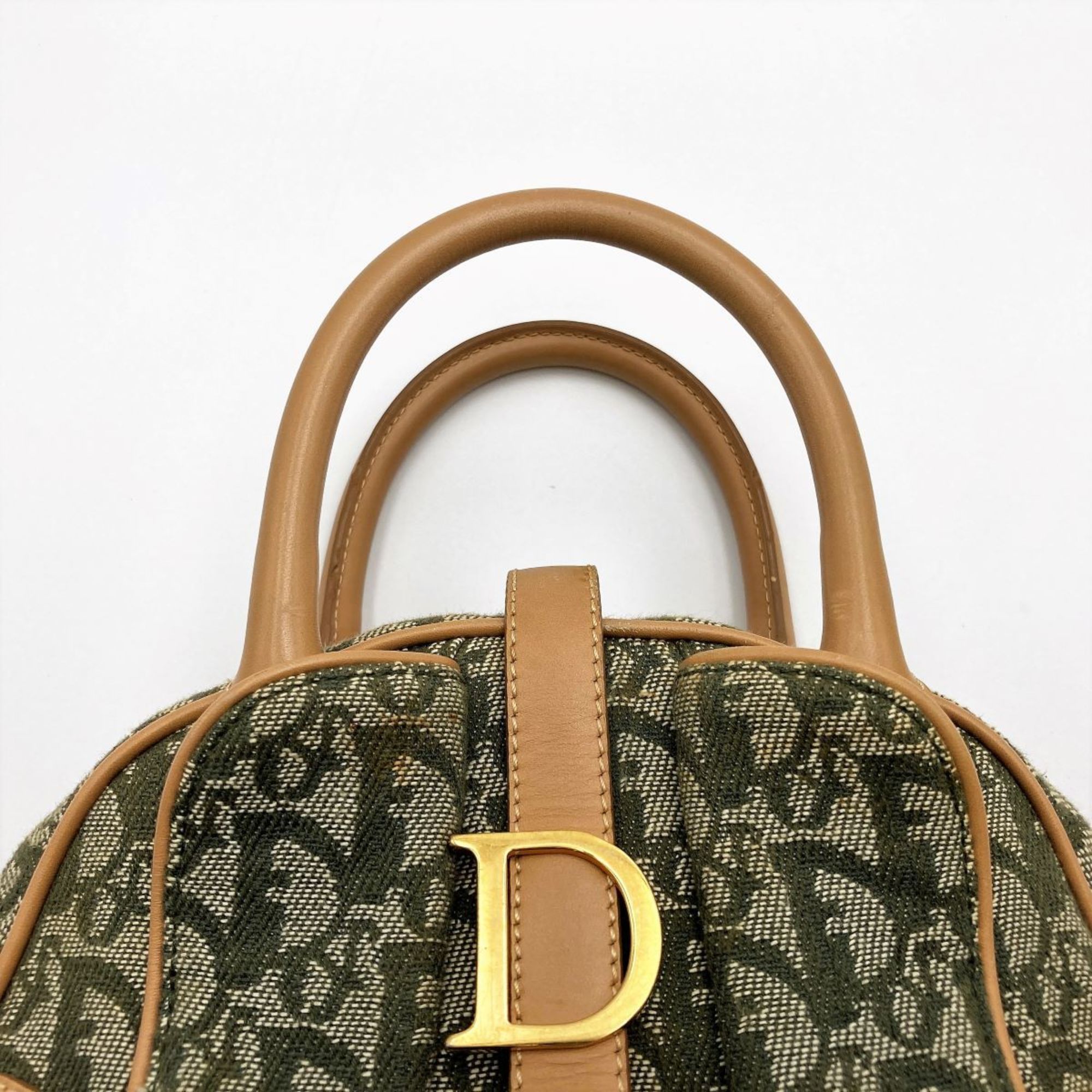 Christian Dior Trotter Handbag Bag Green x Beige Canvas Leather Women's PZ0901