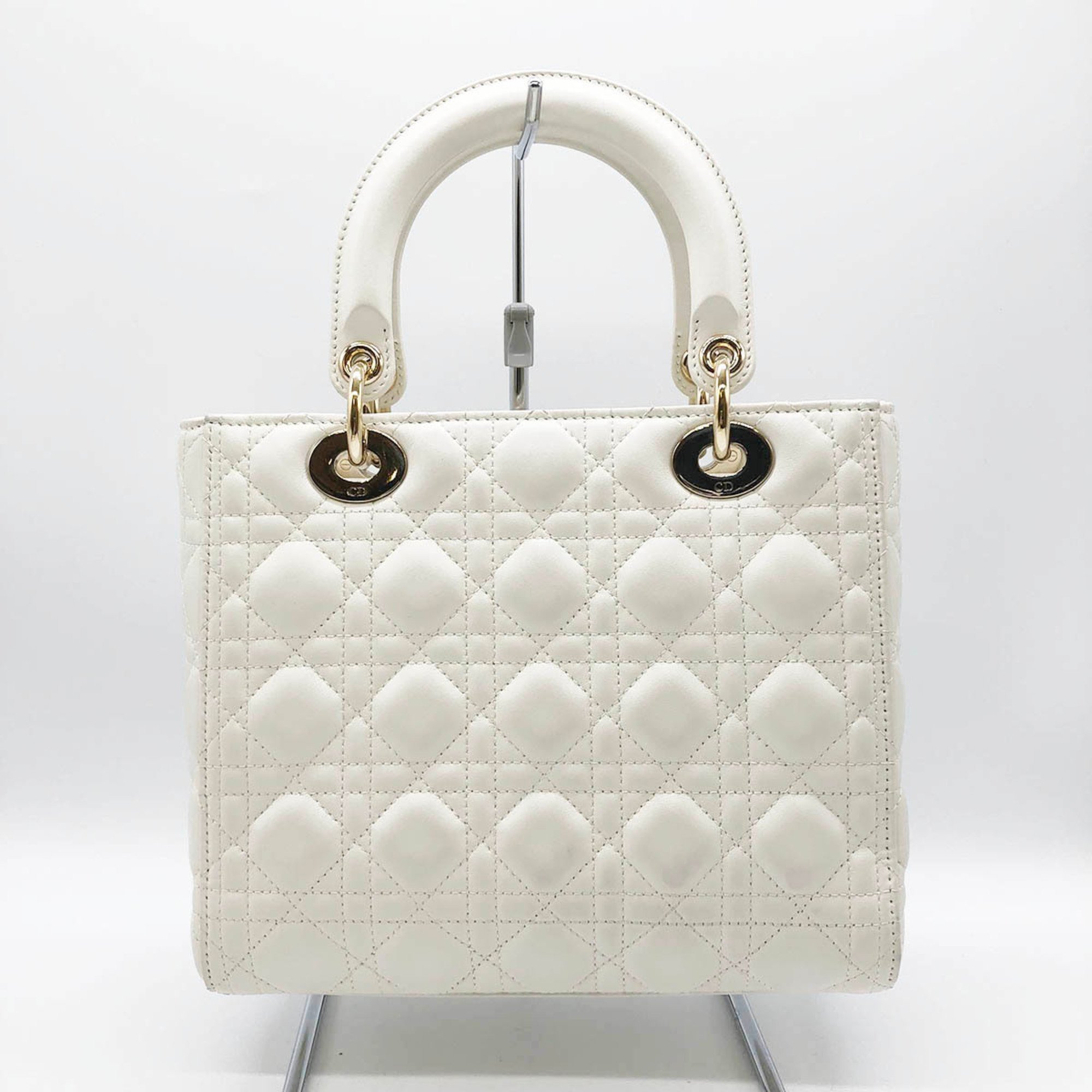 Christian Dior Lady Medium Cannage Shoulder Bag 2way Handbag Lambskin Leather White