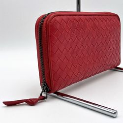 BOTTEGA VENETA Intrecciato Long Wallet Round Zipper Leather Red Ladies Men's Fashion