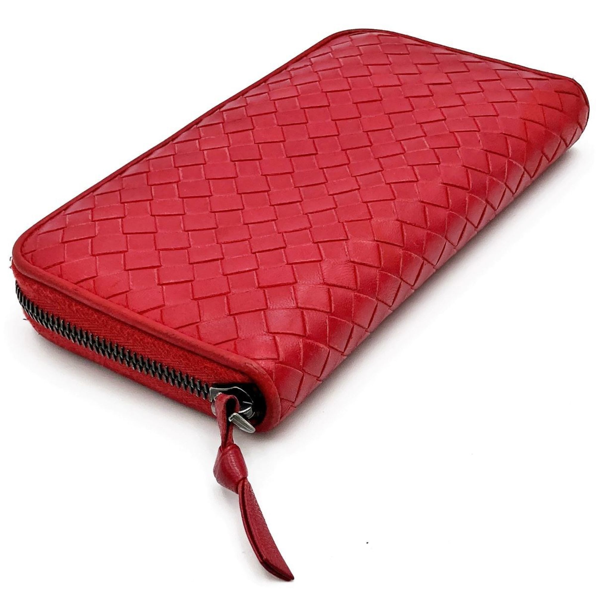 BOTTEGA VENETA Intrecciato Long Wallet Round Zipper Leather Red Ladies Men's Fashion