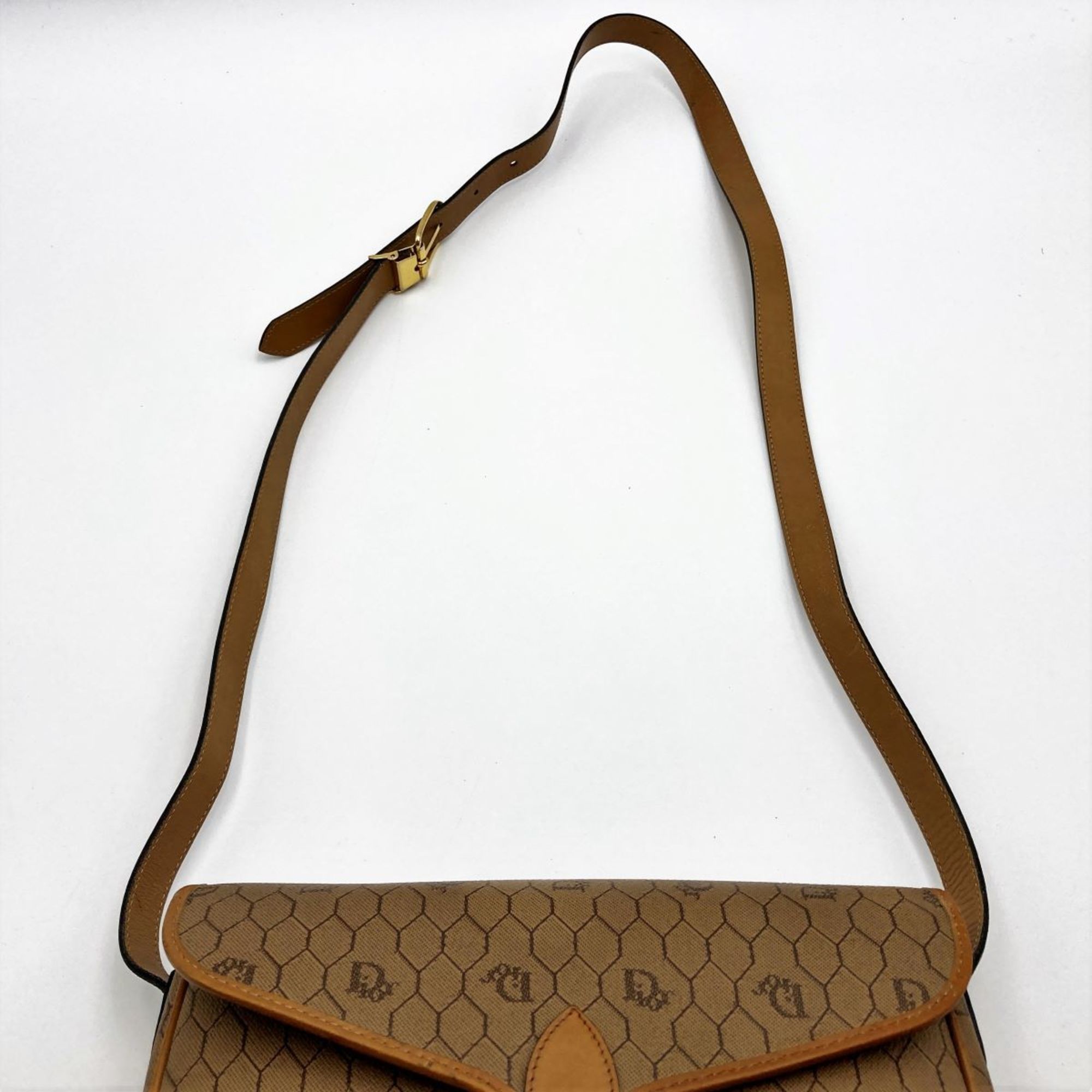 Christian Dior Honeycomb Pattern Shoulder Bag Crossbody Pochette Brown PVC Women's