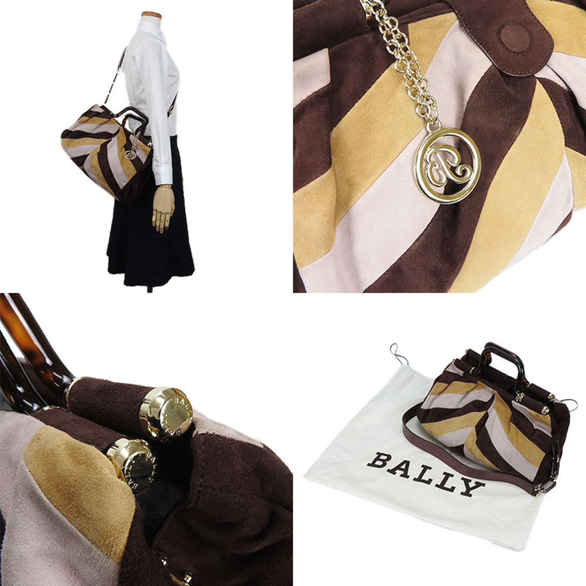 BALLY 2WAY handbag shoulder suede leather gold hardware tortoiseshell style everyday use hand bag