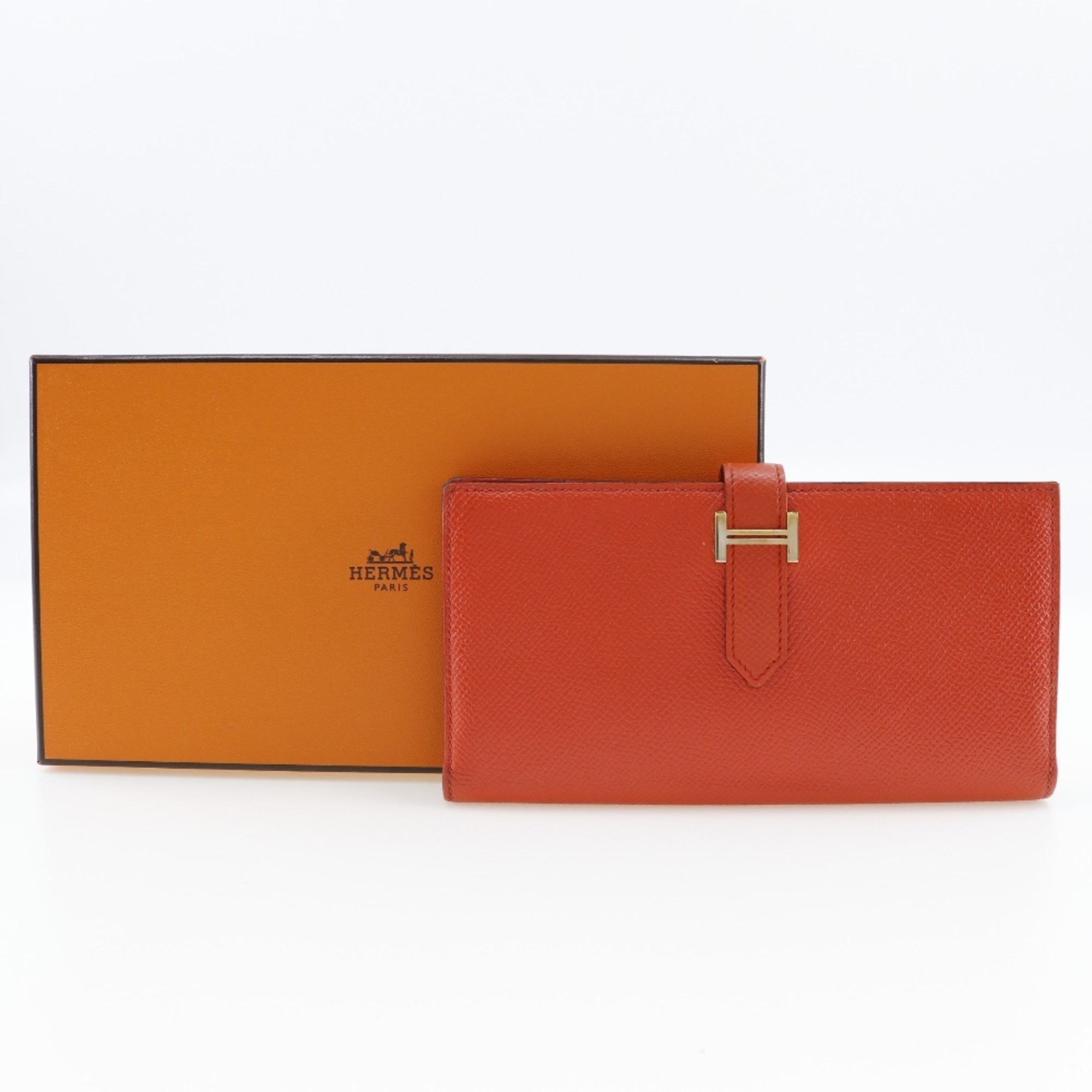 Hermes HERMES Beansufla Long Wallet Vaux Epson Made in France 2015 Orange T Belt Hardware Ladies