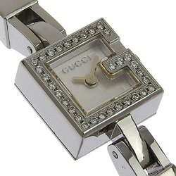 GUCCI G logo watch diamond bezel 102 stainless steel x leather Swiss made silver quartz analog display shell dial ladies