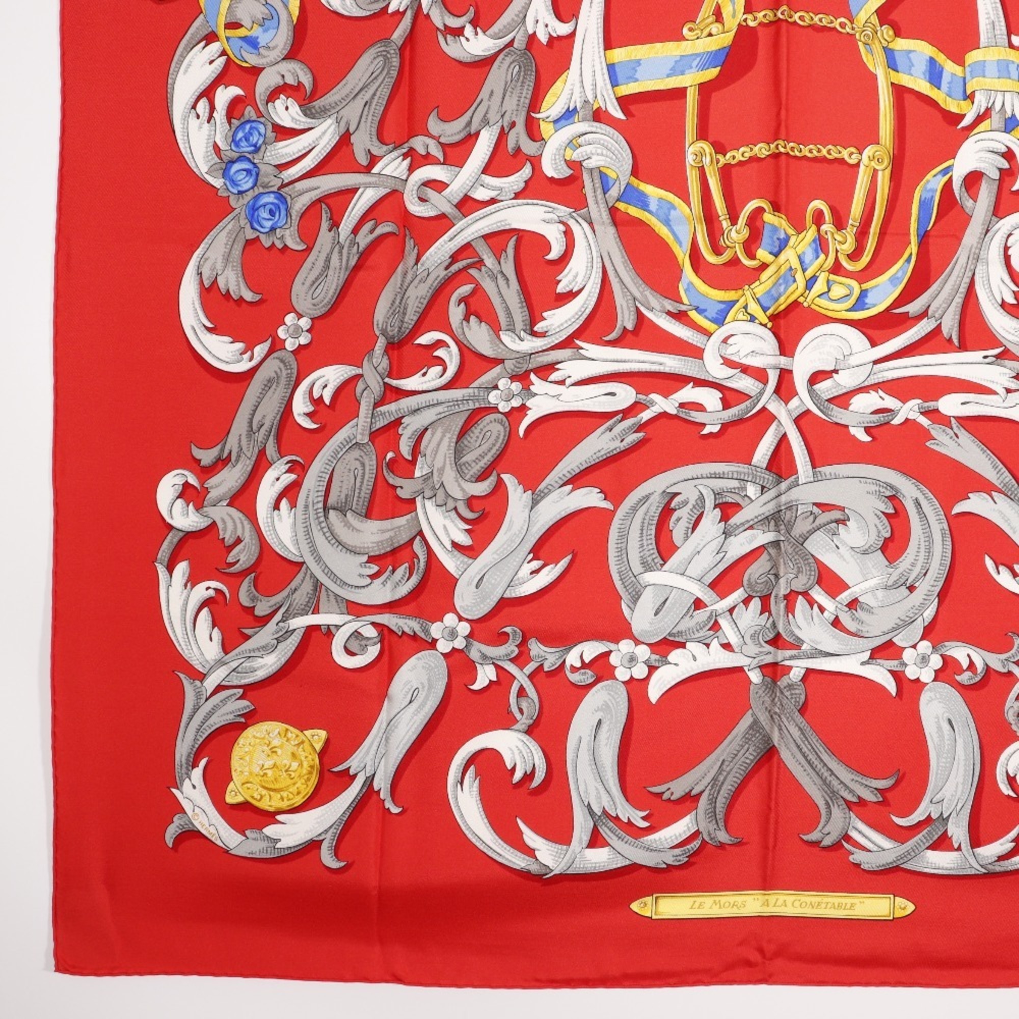 HERMES Carre90 Scarf LE MORS A LA CONETABLE Elegance Silk Made in France Red Ladies