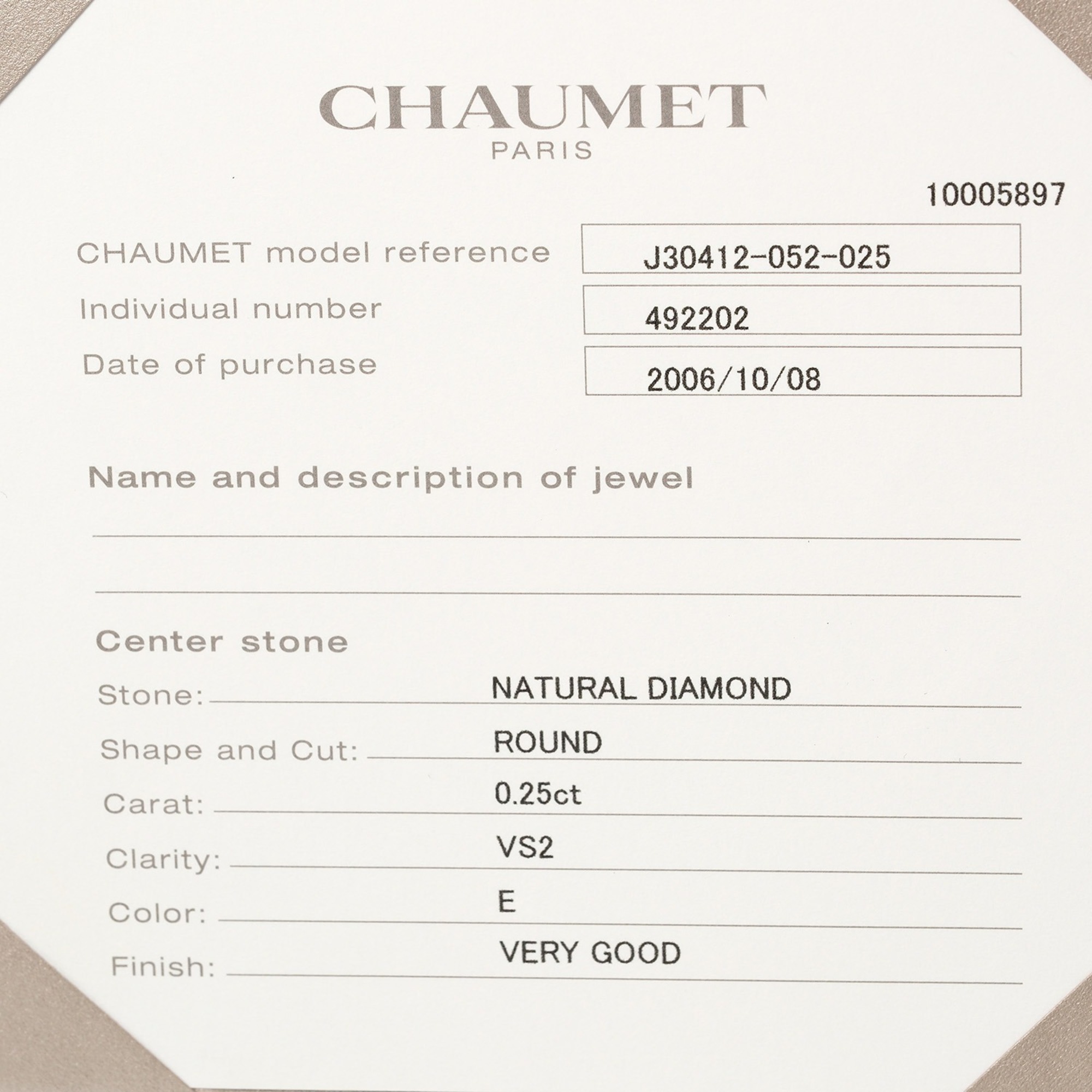 Chaumet Fidelite No. 12 Ring 0.25ct VS2/E/VG Pt950 Platinum Diamond