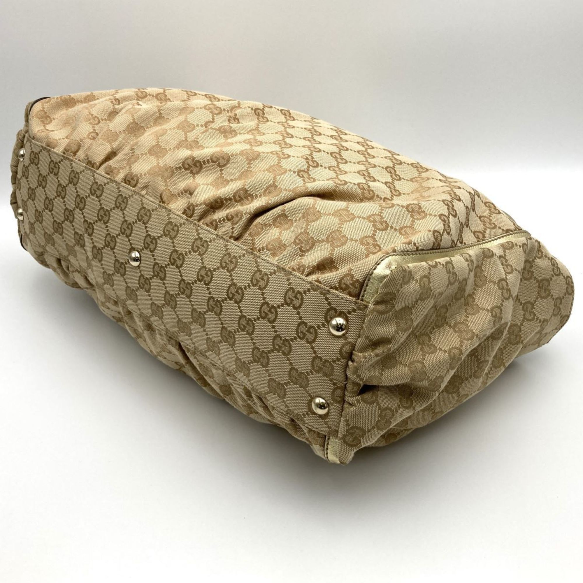 GUCCI 190248 Shoulder Bag Tote Handbag Beige Gold GG Canvas Leather Hardware Women's