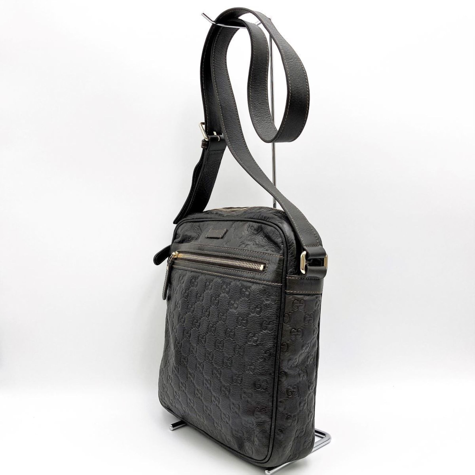 GUCCI GG Pattern Striped Shoulder Bag Crossbody Dark Brown Leather Men's Women's Fashion 201448