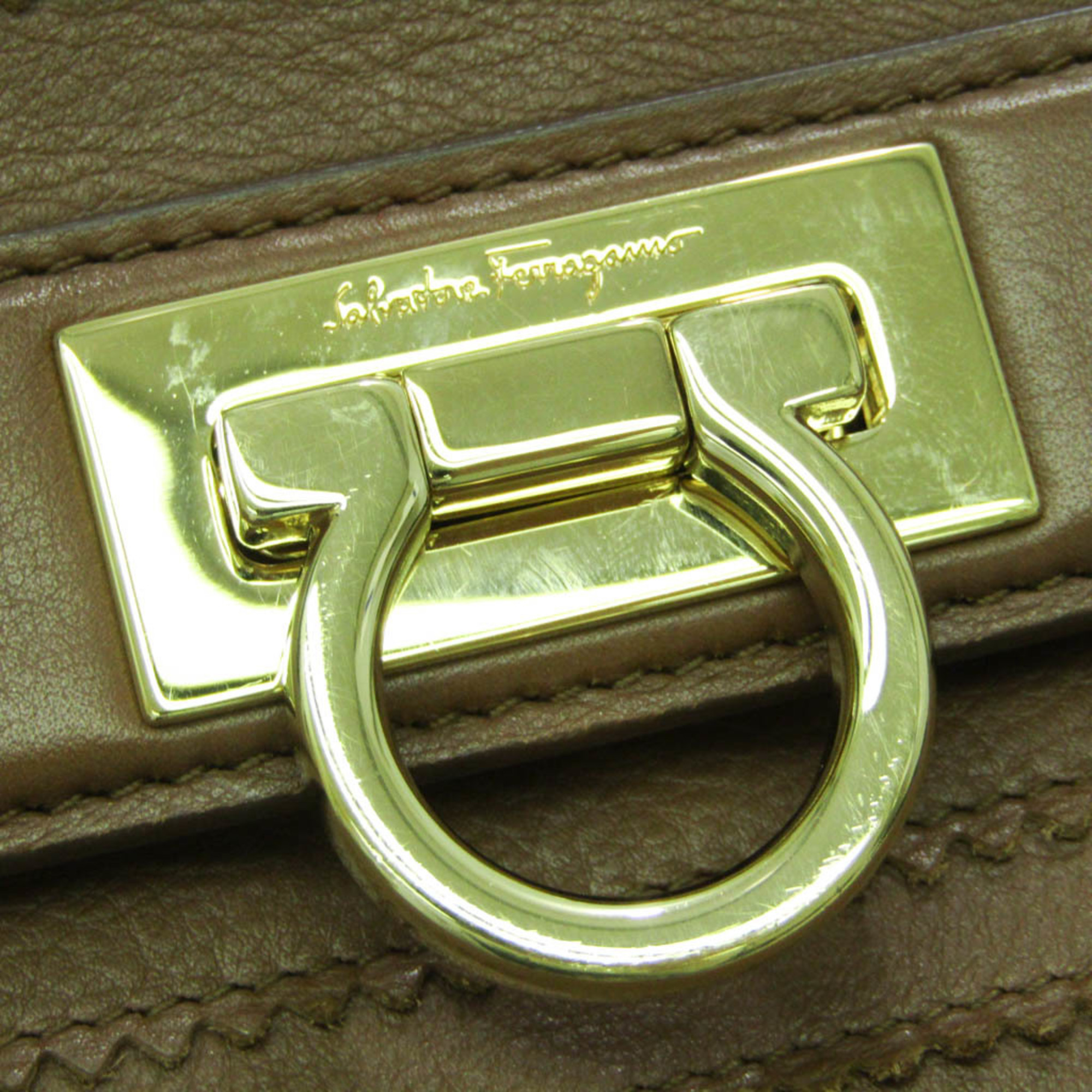 Salvatore Ferragamo Gancini FZ-21 G166 Women's Leather Handbag,Shoulder Bag Brown