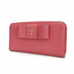 PRADA 1ML506 Saffiano round zipper long wallet ribbon 12 cards pink with box leather gold hardware zip around peonia