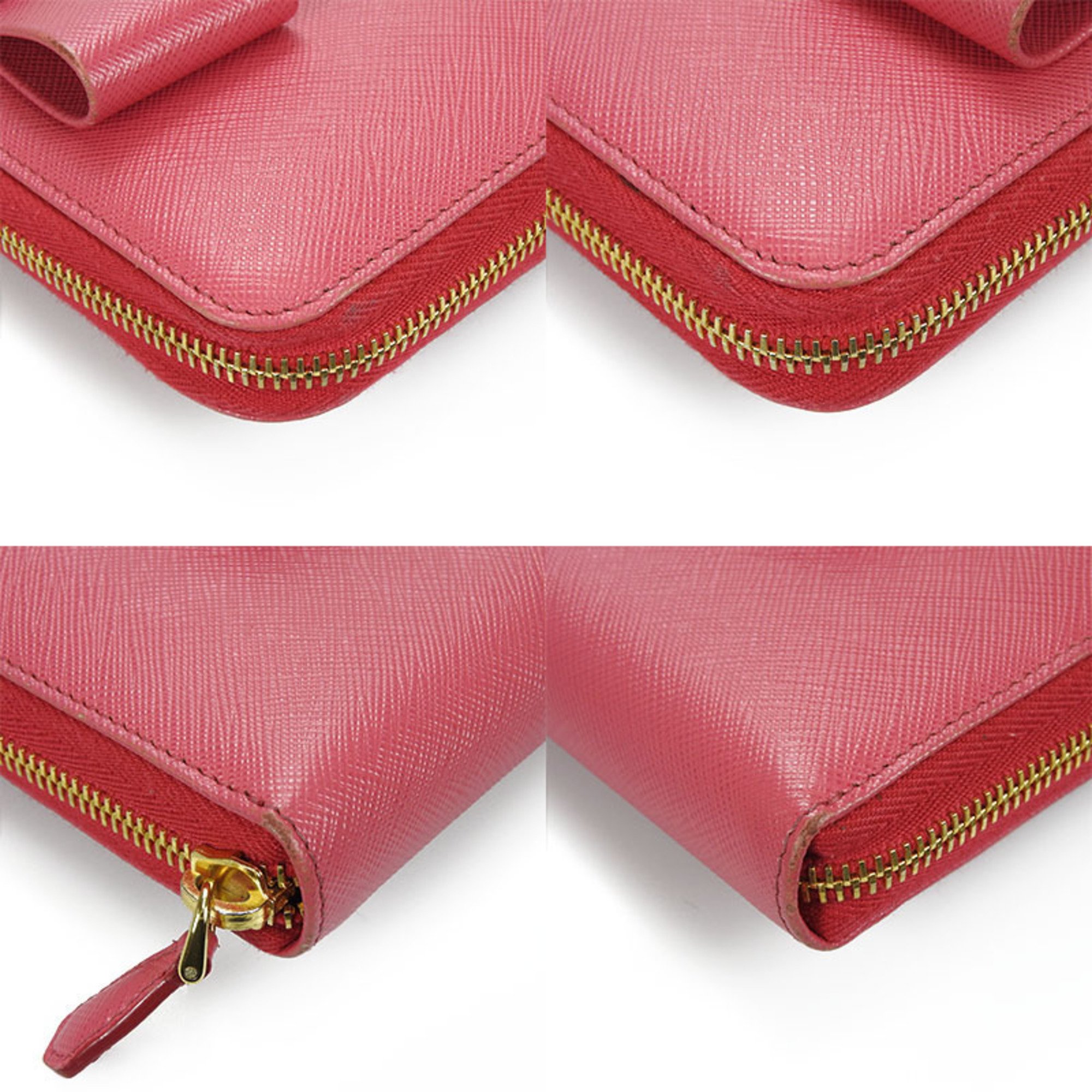 PRADA 1ML506 Saffiano round zipper long wallet ribbon 12 cards pink with box leather gold hardware zip around peonia