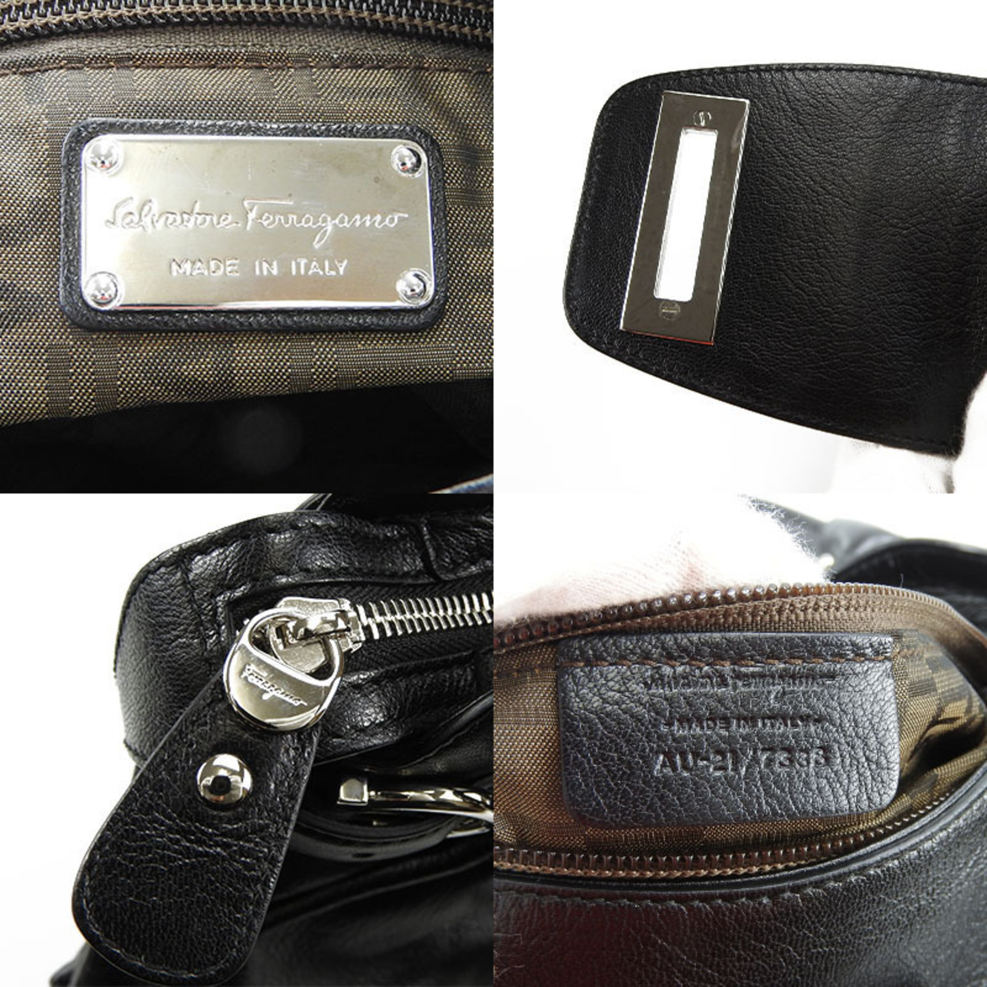Salvatore Ferragamo Hand Bag Leather Black AU-21/7338 Silver Hardware Gancini