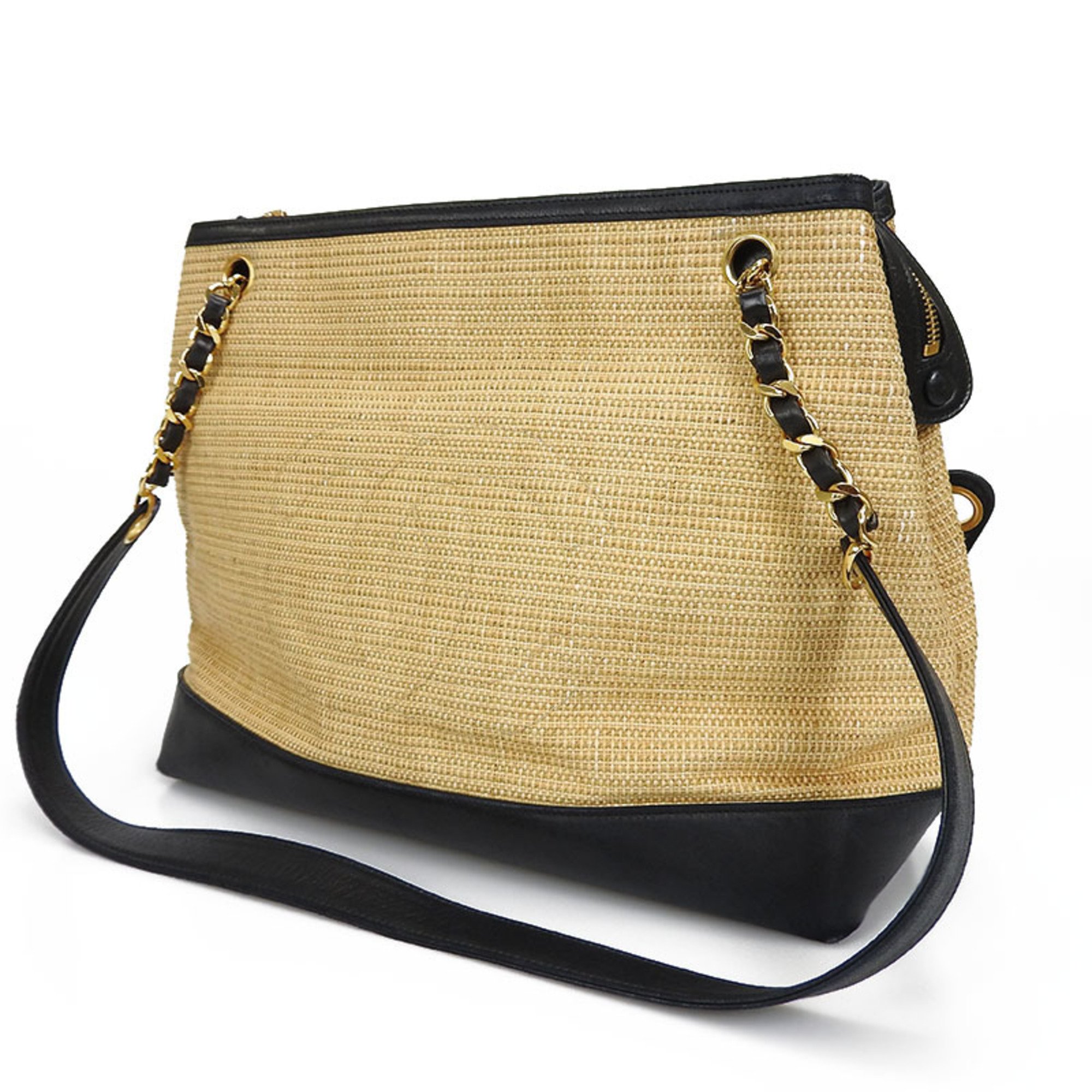 CHANEL Chain Tote Bag Straw No. 2 Coco Mark Leather Gold Hardware Shoulder chain totebag coco gold lambskin black