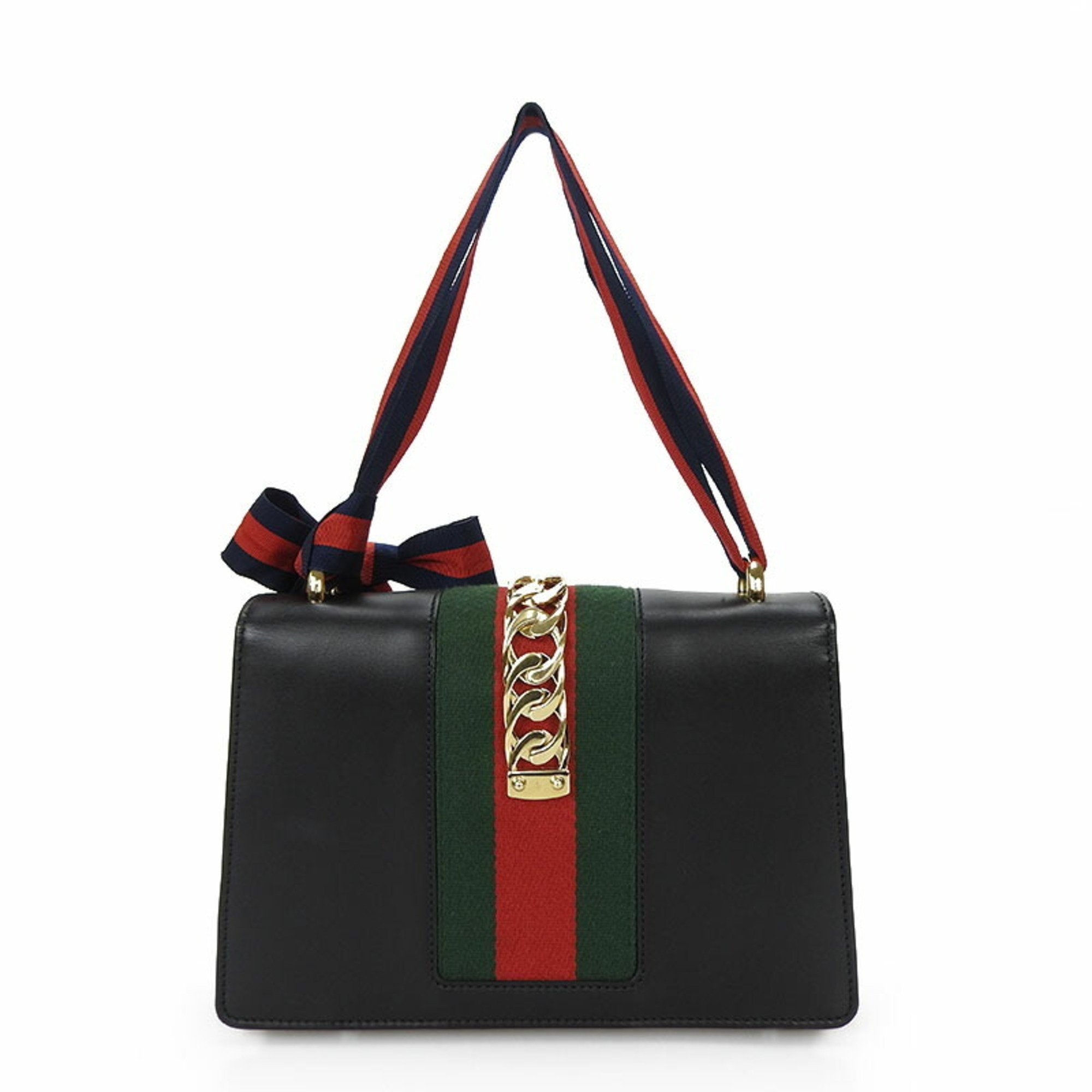 Gucci Sylvie Small Shoulder Bag Webline Leather Black 421882 Gold Hardware Ribbon Strap Elegant Chain GUCCI 2WAY