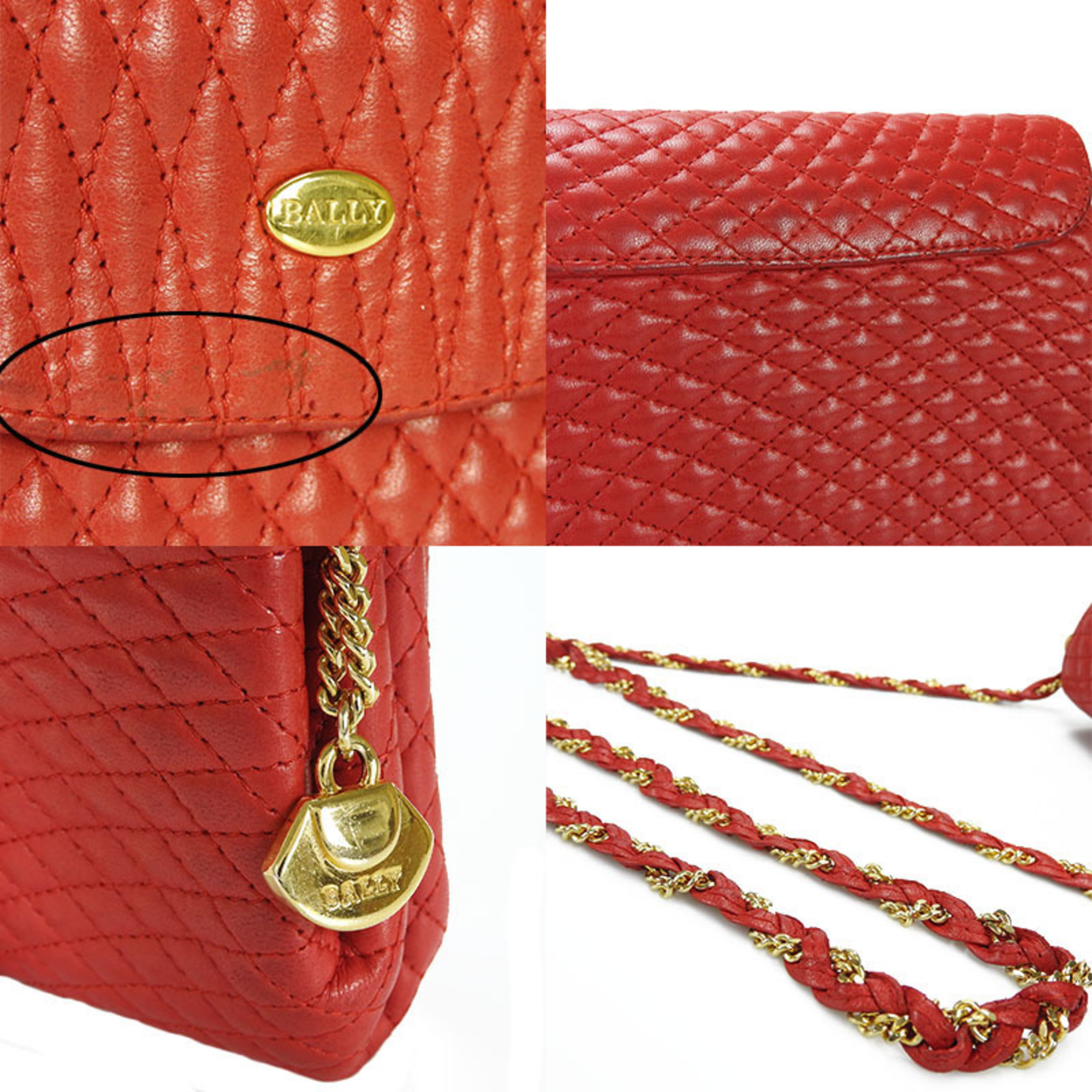 BALLY Chain Shoulder Bag BAG Leather Stitch Gold Hardware Charm Quilted Red leather